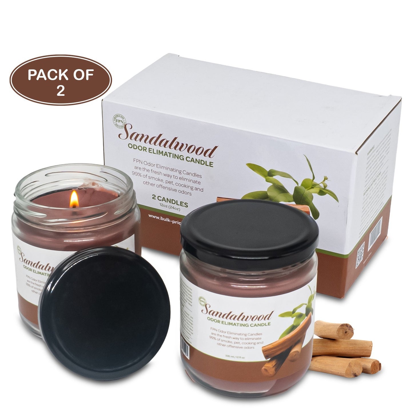 FPN Odor Eliminating Candles Sandalwood Scented Soy Wax Candle Set 12Oz - 2 CT