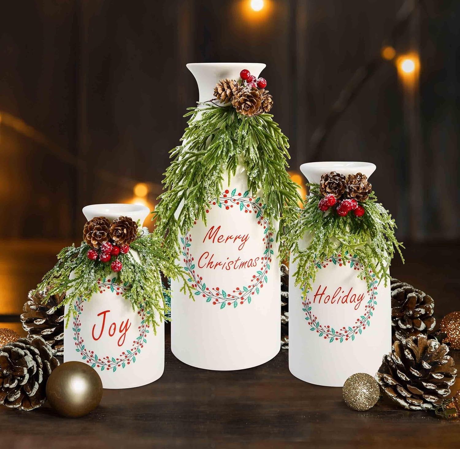 Set of 3 White Ceramic Christmas Vases with Artificial Holiday Decor