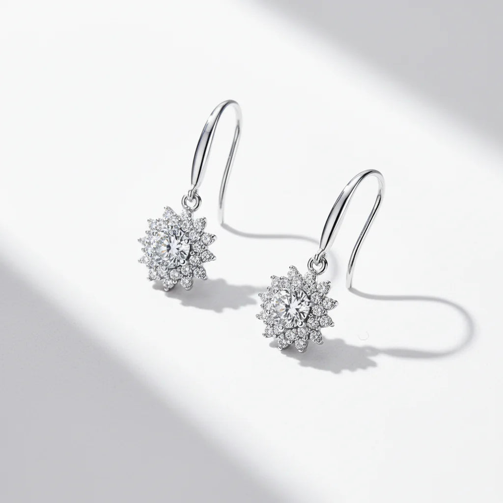 Sterling Silver White Gold Plated Moissanite Sunflower Dangle Earrings Wedding Jewelry S925