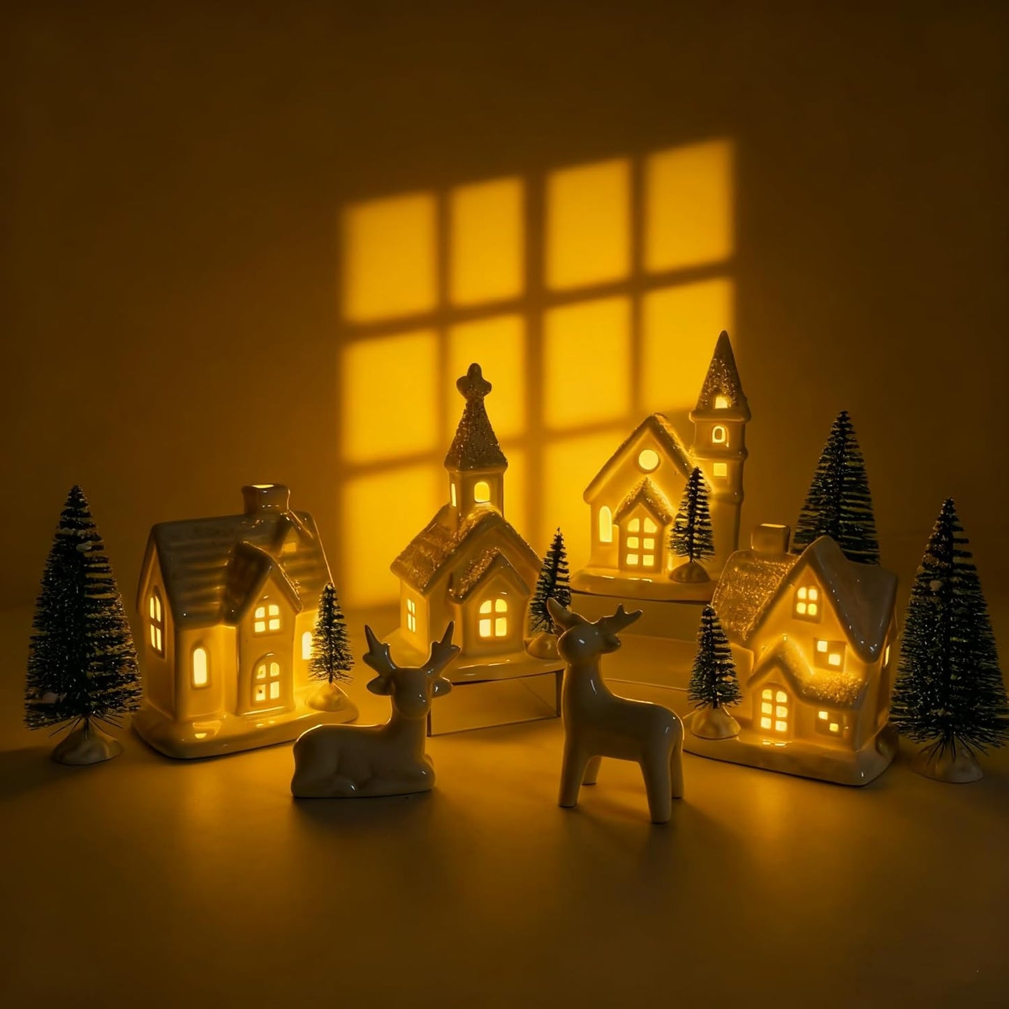 Ceramic Christmas Village Set - 13-Piece Holiday Decor with Trees & Deer