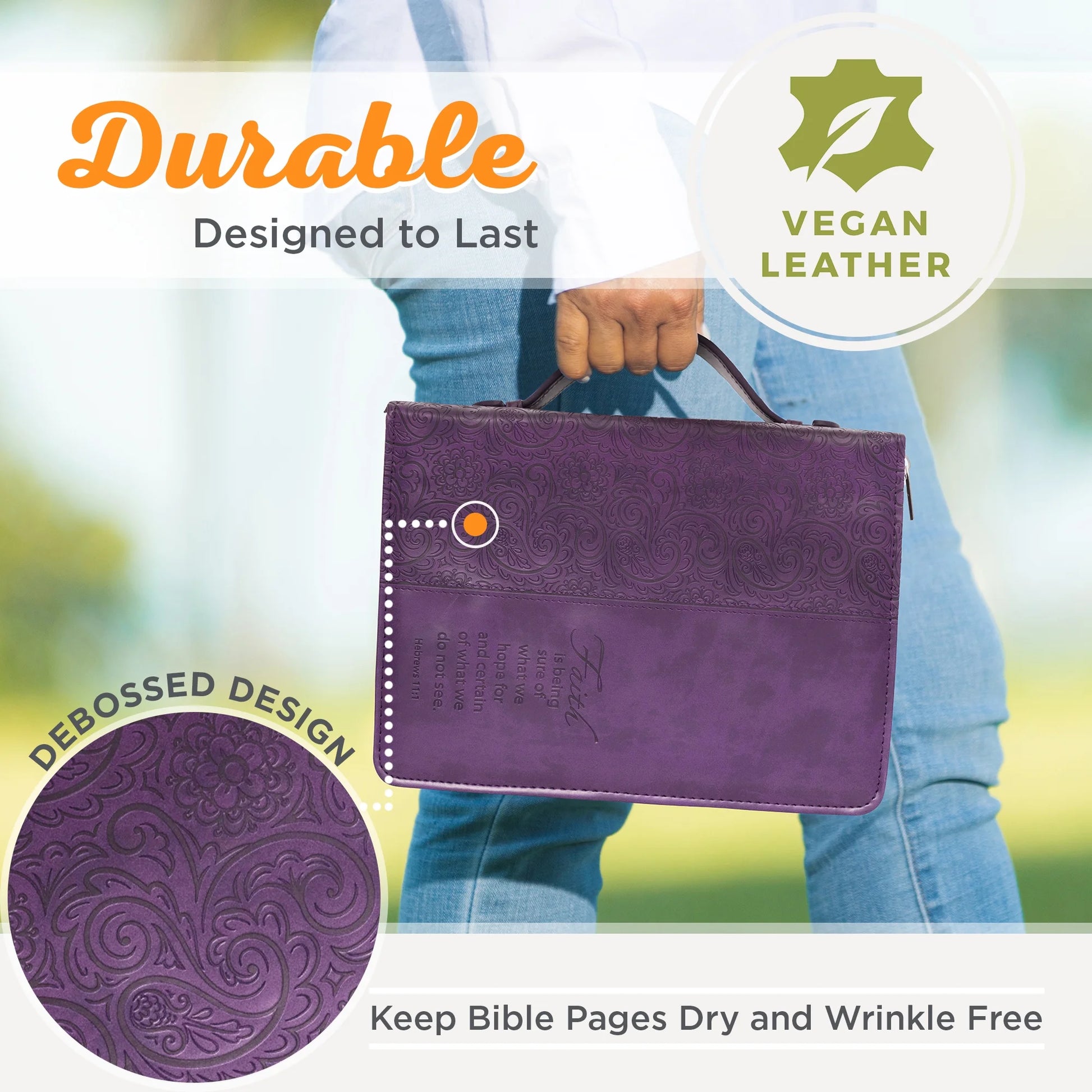 Purple Faux Leather Bible Cover for Women Faith Purple Paisley- Hebrews 11:1 Zippered Case for Bible or Book W/Handle, Large