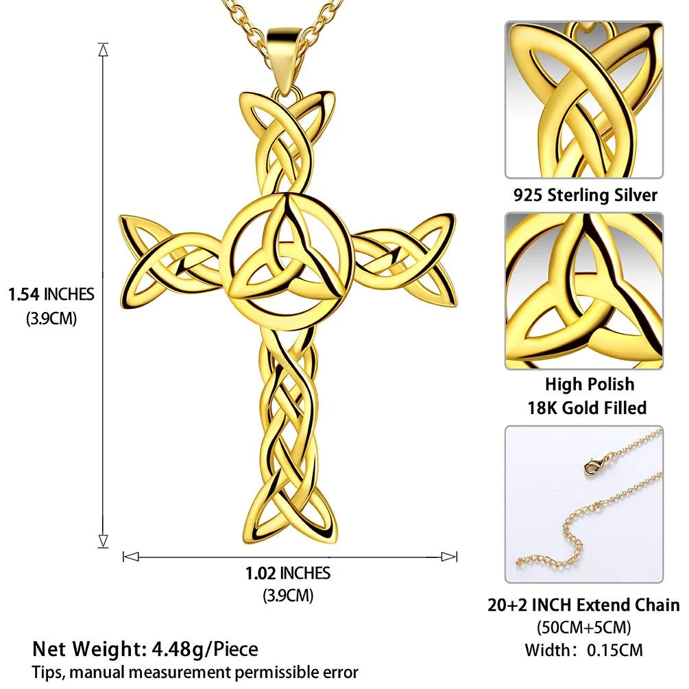 925 Sterling Silver 18K Gold Plated Celtic Cross Necklace for Women Men Trinity Triquetra Knot Pendant Necklace Irish Religious Jewelry Fathers Day Gift