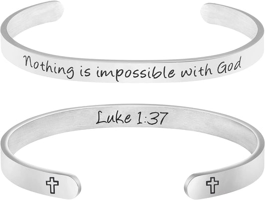 Christian Gift for Her Inspirational Nothing Is Impossible with God Luck 1:37 Bible Verse Bracelet Engraved Quote Religious Cuff Bangle