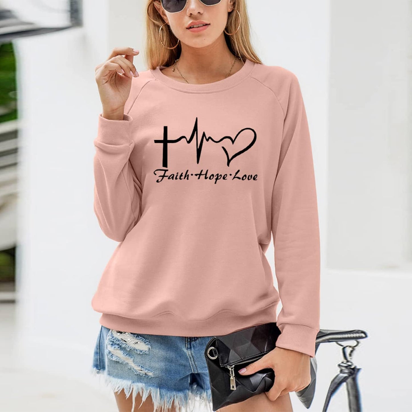 Christian Sweatshirt Women Faith Hope Love Long Sleeve Crewneck Inspirational Graphic Pullover Blouse Top