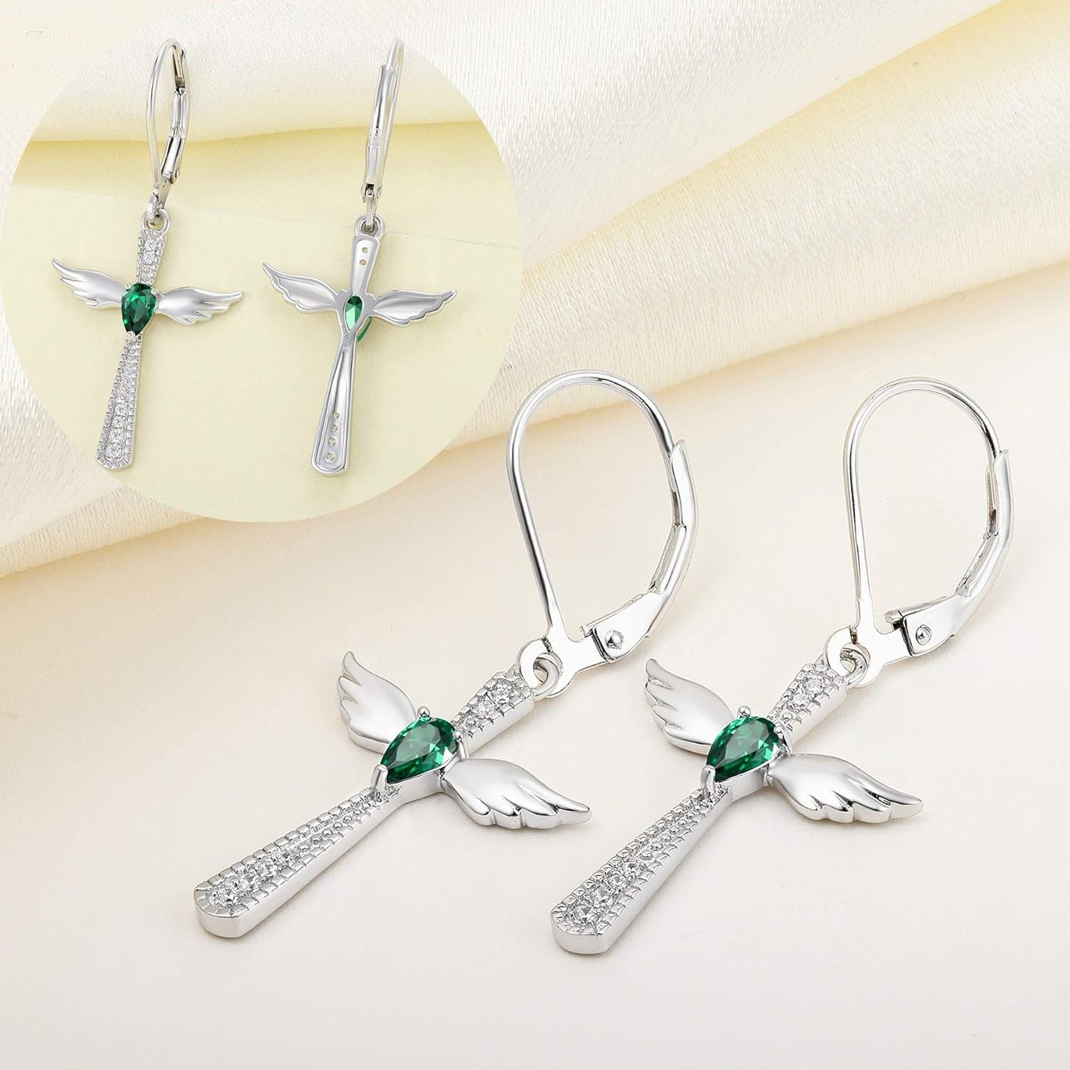 925 Sterling Silver Cross Dangle Drop Earrings Pear Cut Birthstone Angel Wings Leverback Earrings for Women