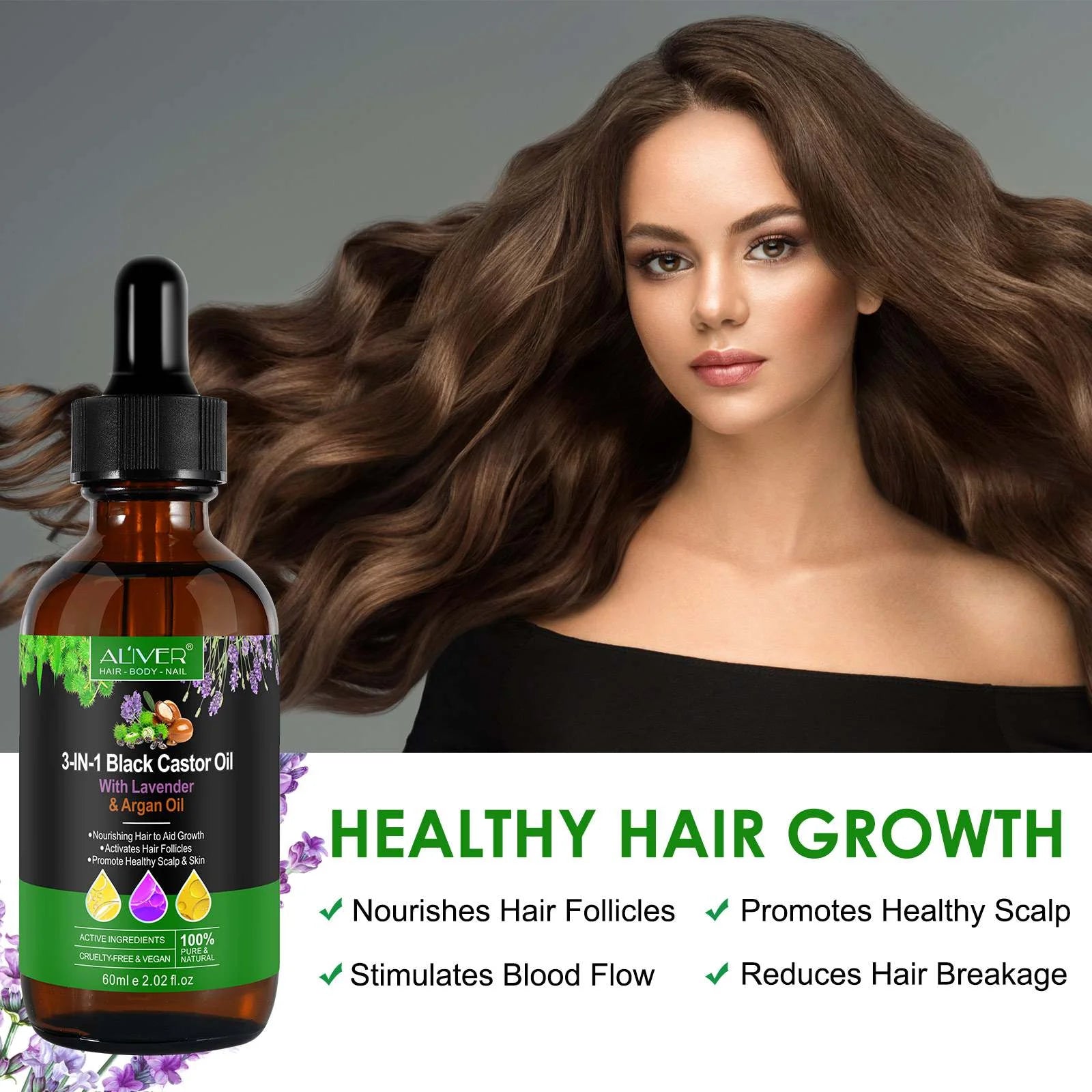 3-IN-1 Black Castor Oil with Lavender & Argan Oil, 100% Pure & Natural, Hair Care & Skin Care, Organic Cold-Pressed, Cruelty-Free & Vegan, 2.02 Fl Oz