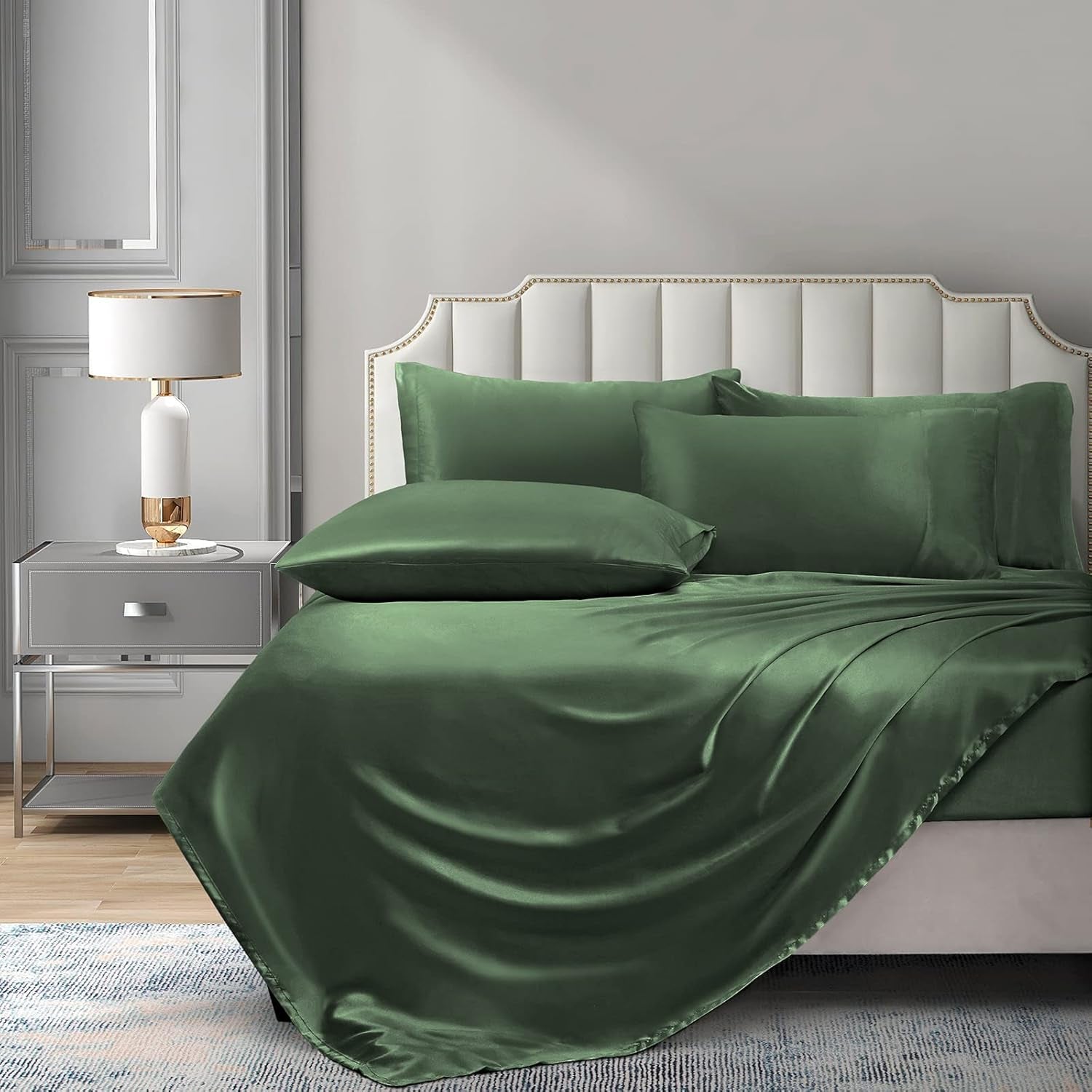 6 Pieces King Satin Sheets Luxury Silky Woodland Green Satin Bedding Sheet Set, 1 Deep Pocket Fitted Sheet + 1 Flat Sheet + 4 Pillow Cases