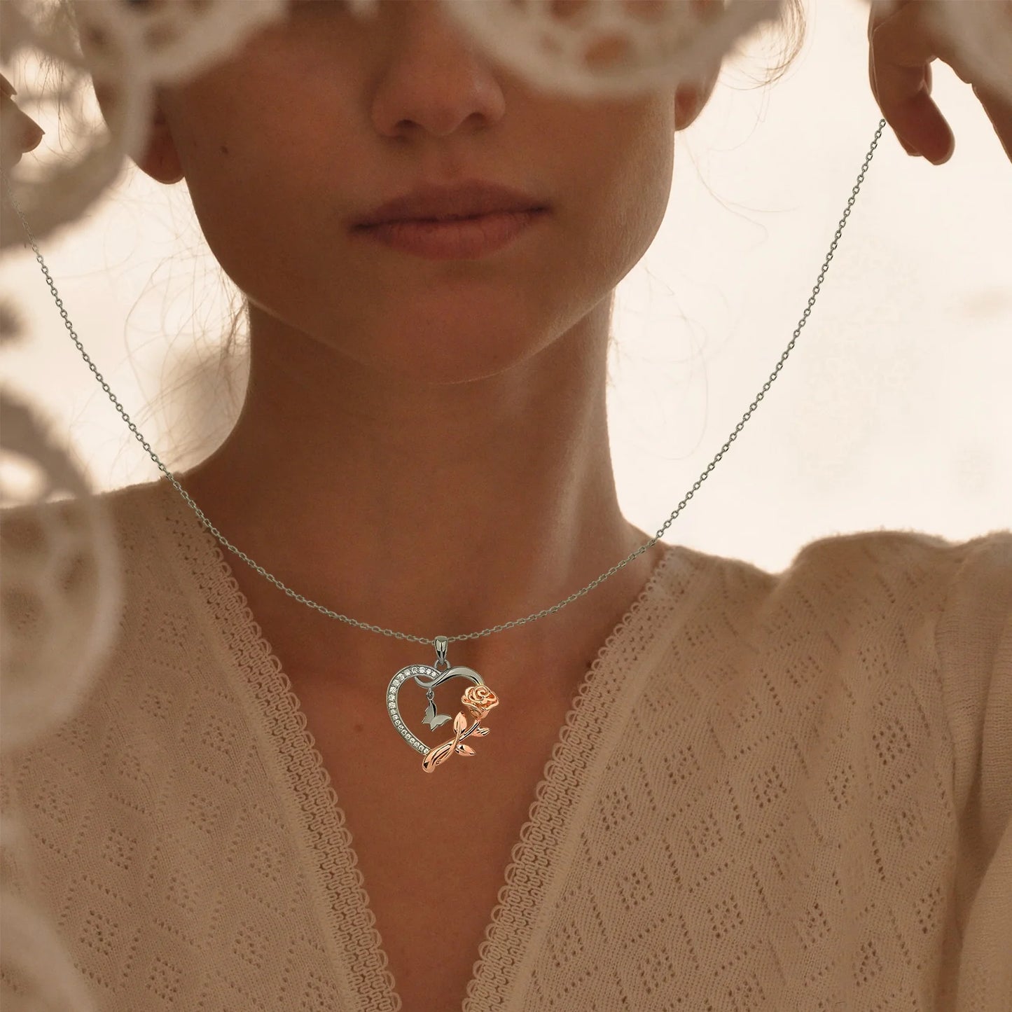 3PCS Jewelry Set Heart Necklace for Women Sterling Silver CZ Romantic Rose and Butterfly Jewelry for Women Birthday Valentine'S Day Gift