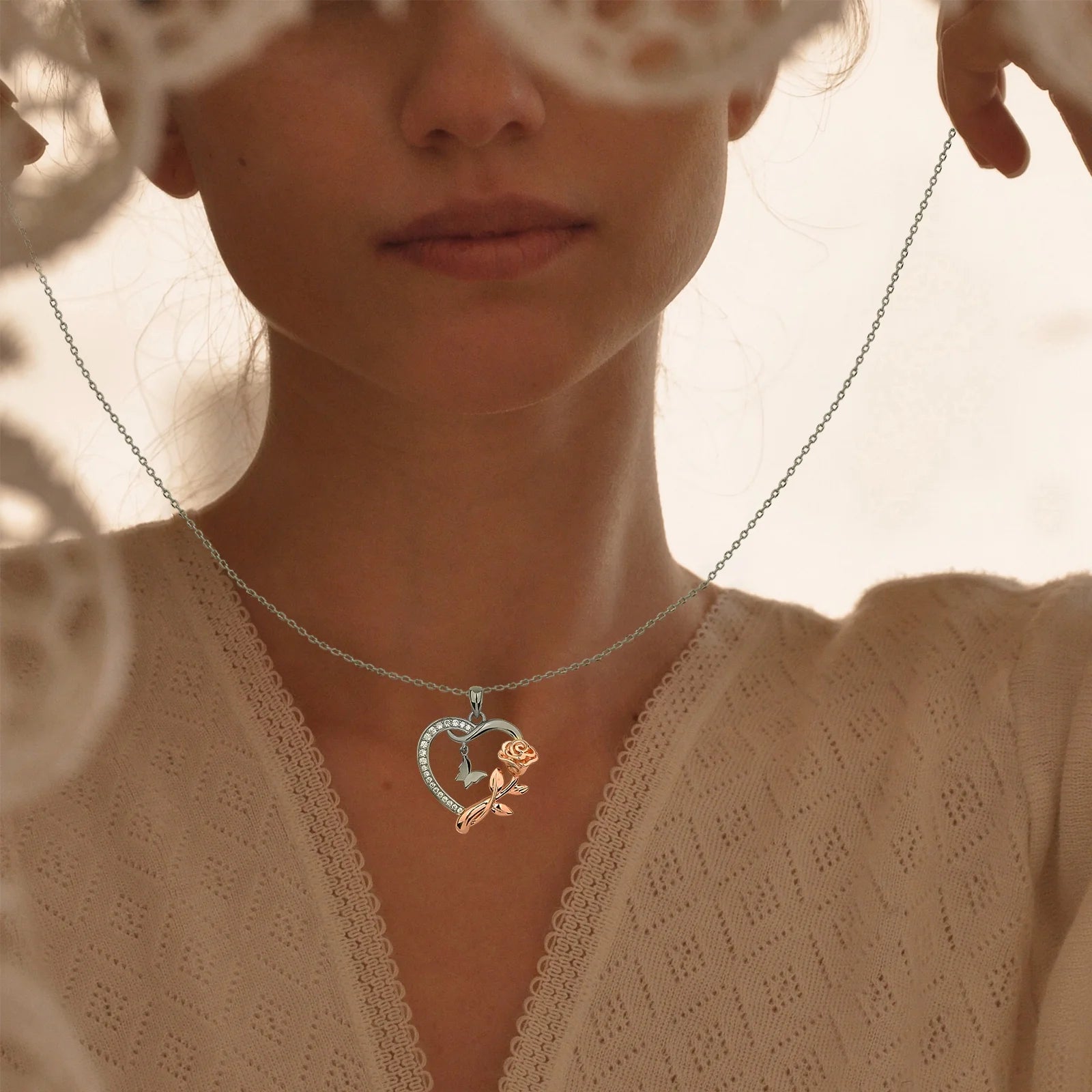 3PCS Jewelry Set Heart Necklace for Women Sterling Silver CZ Romantic Rose and Butterfly Jewelry for Women Birthday Valentine'S Day Gift