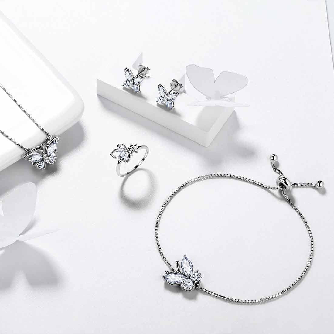 April Birthstone Jewelry Set Necklace/Earrings/Ring/Bracelet Butterfly Fine White Diamond Sterling Silver Women Xmas Birthday Mother'S Day Gifts