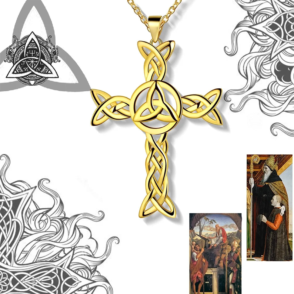 925 Sterling Silver 18K Gold Plated Celtic Cross Necklace for Women Men Trinity Triquetra Knot Pendant Necklace Irish Religious Jewelry Fathers Day Gift
