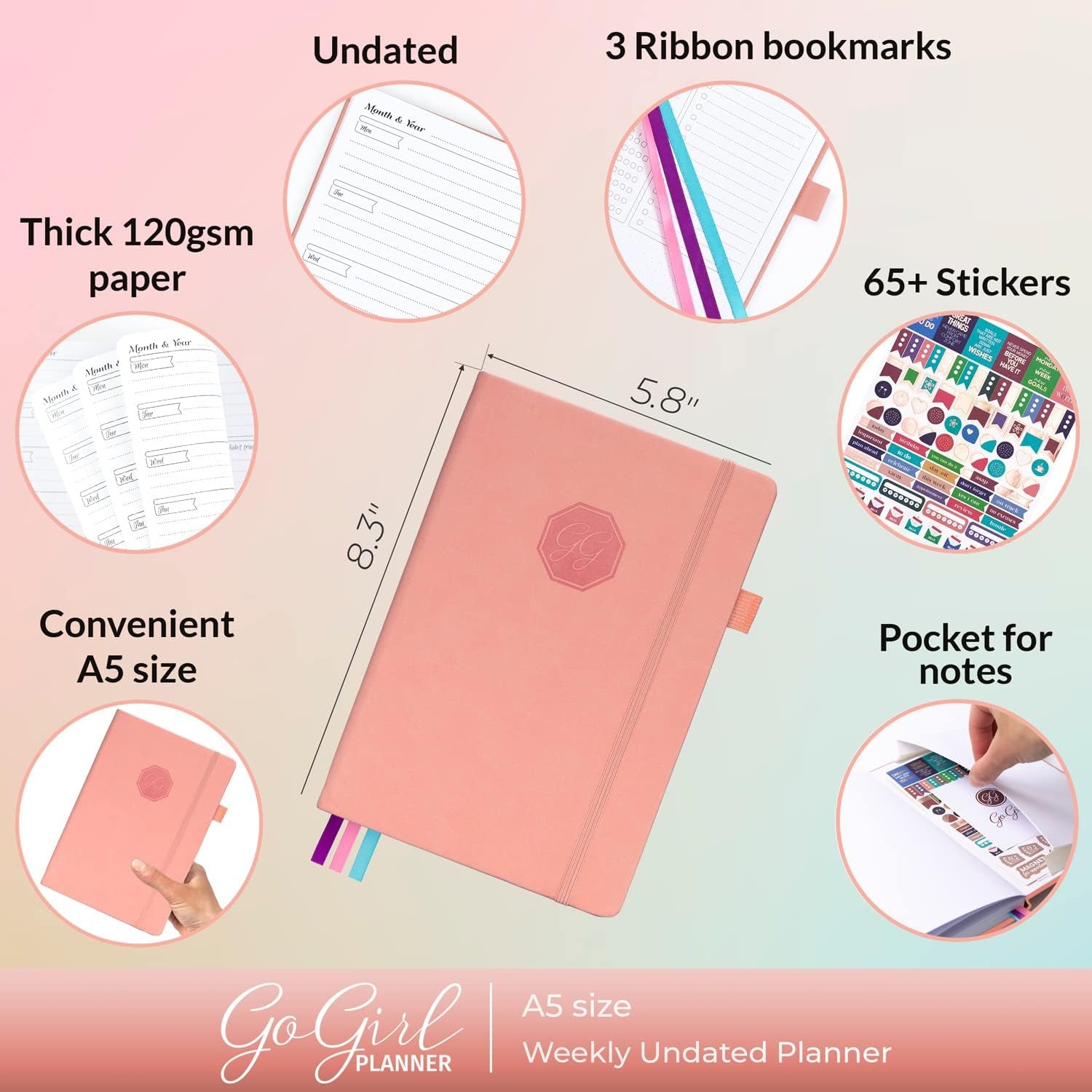 Planner and Organizer for Women – A5 Size Weekly Planner, Goals Journal & Agenda to Improve Time Management, Productivity & Live Happier. Undated – Start Anytime, Lasts 1 Year – Peach Pink