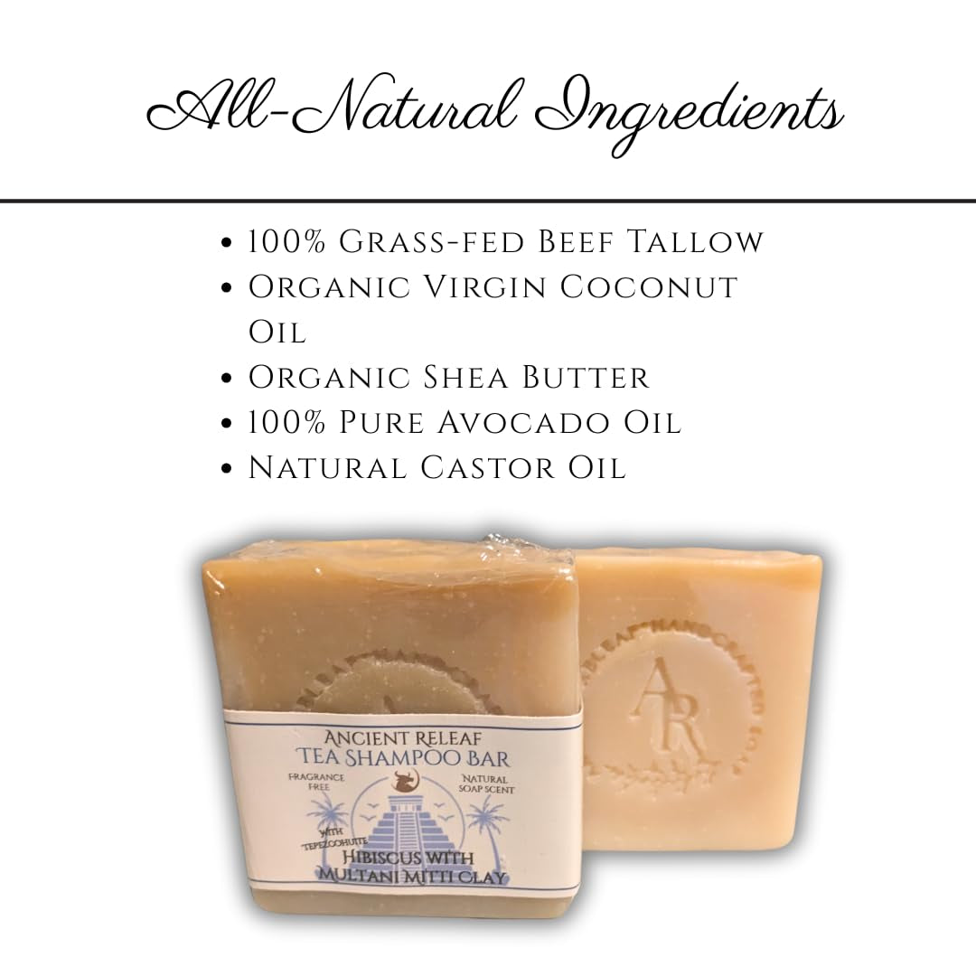 Hibiscus Tea Shampoo Bar, with Multani Mitti, Tepezcohuite and Tallow, Fragrance-Free, Balancing, Nourishing, Strengthening. 5 Oz Shampoo Bar