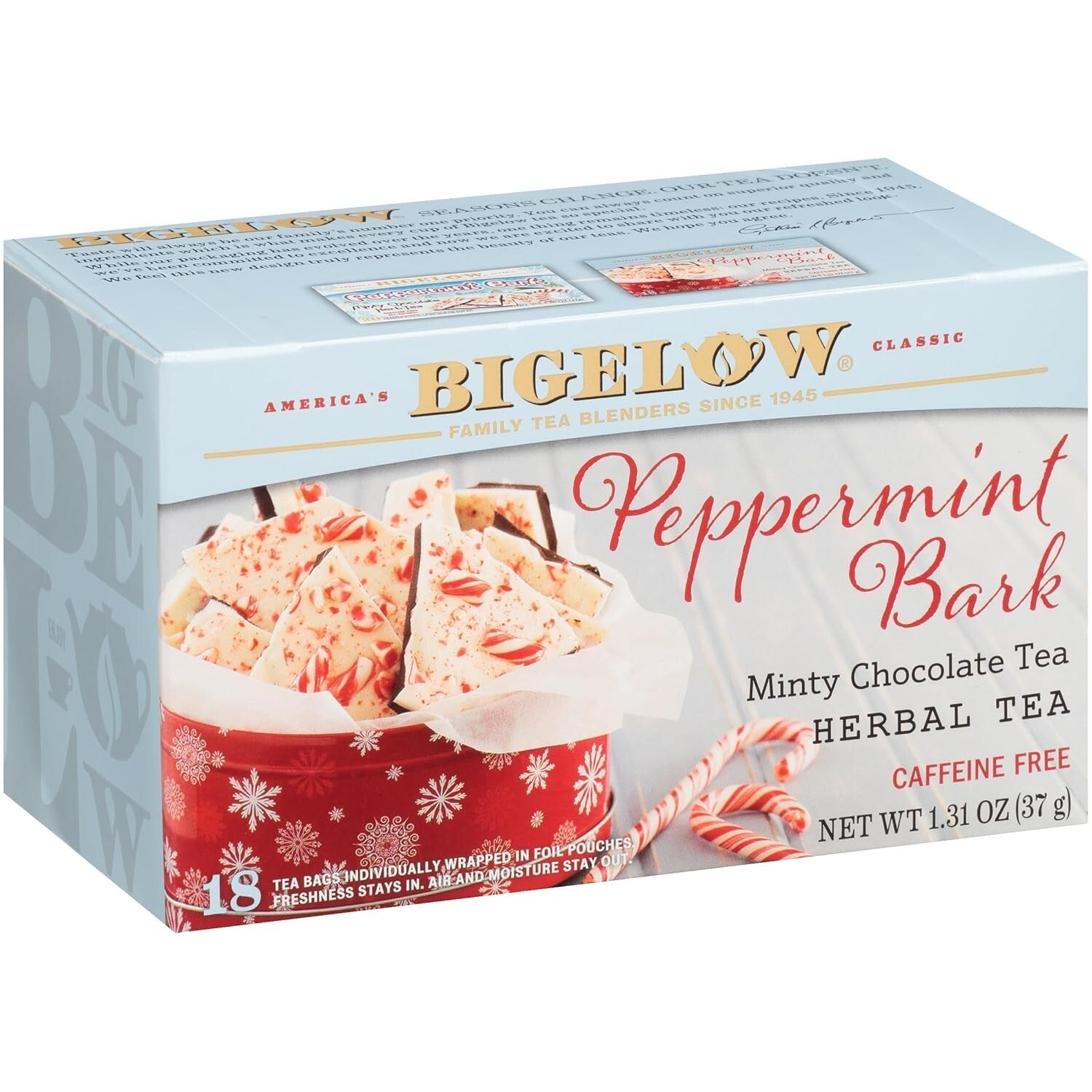 Bigelow Tea Peppermint Bark Herbal Tea, Caffeine Free, 18 Count (Pack of 6), 108