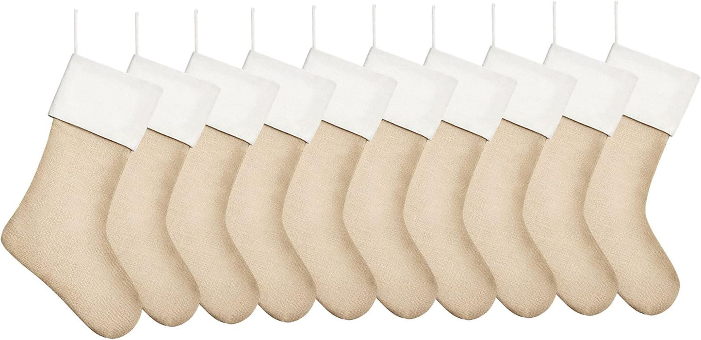 18" Burlap Christmas Stockings Bulk Plain Xmas Neutral Stockings for Fireplace Hanging,Pack 10