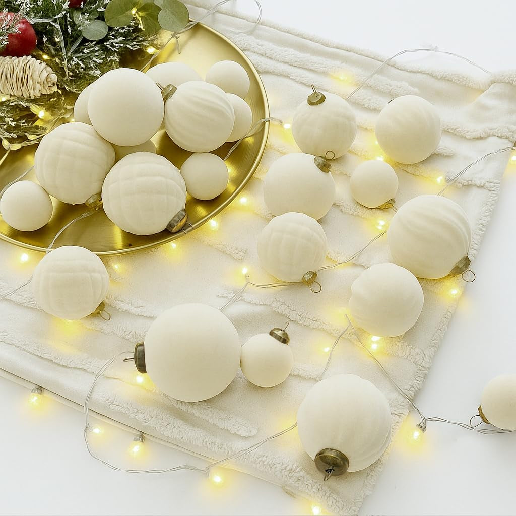 36PCS Shatterproof Velvet Christmas Ornaments Set in Beige for Holiday Decor