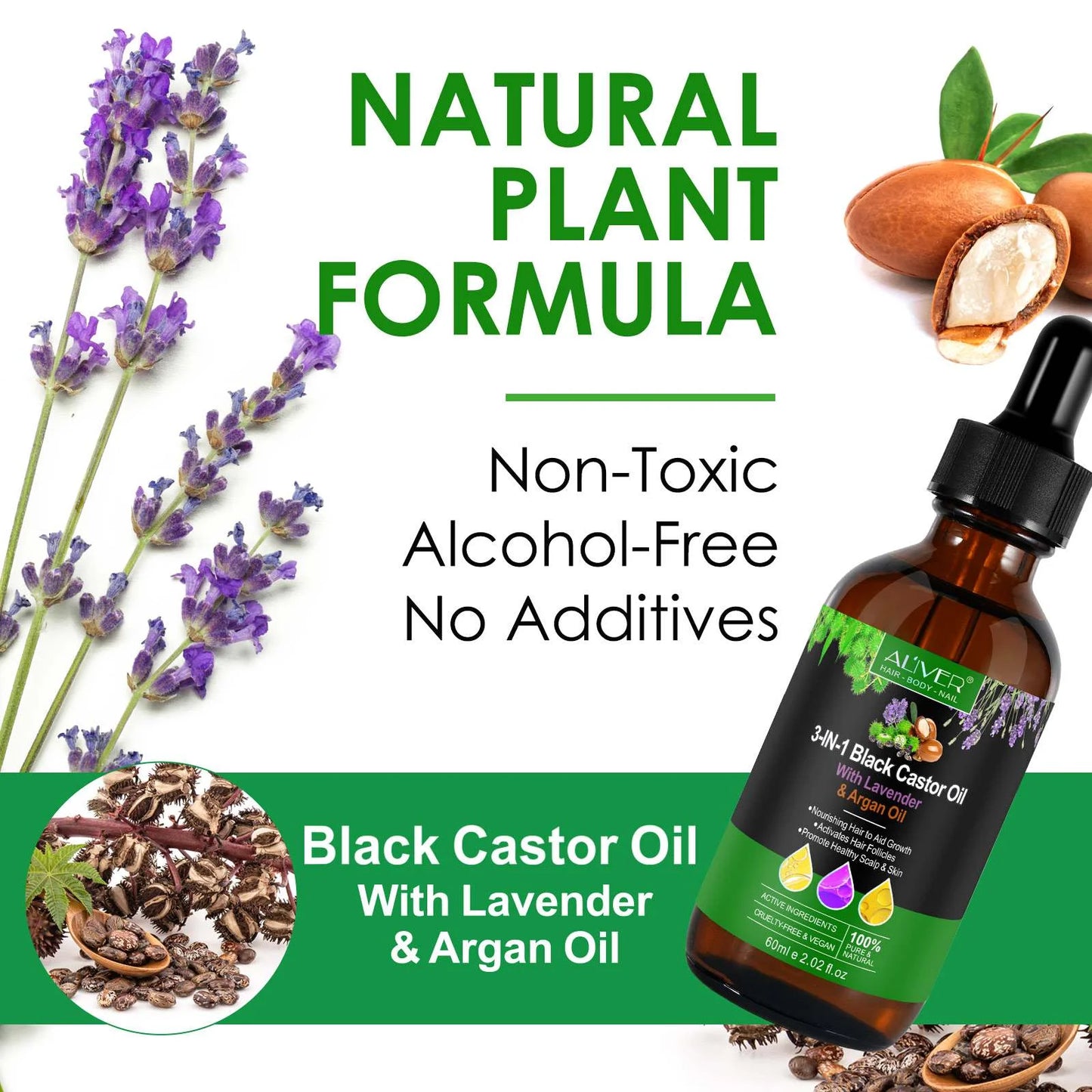 3-IN-1 Black Castor Oil with Lavender & Argan Oil, 100% Pure & Natural, Hair Care & Skin Care, Organic Cold-Pressed, Cruelty-Free & Vegan, 2.02 Fl Oz