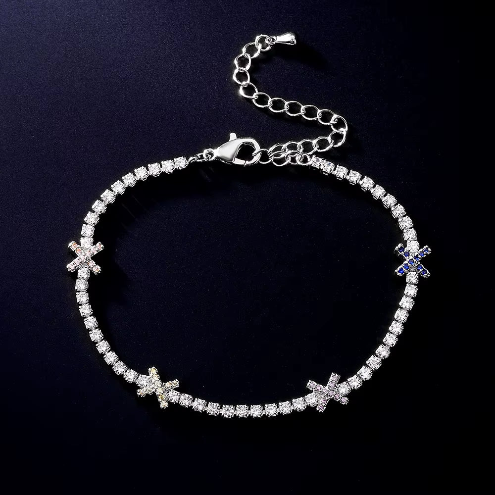 2Pcs Cross Design round Zircon CZ Tennis Bracelet for Women Simple White Gold Color Shiny Daily Stacked Bracelets