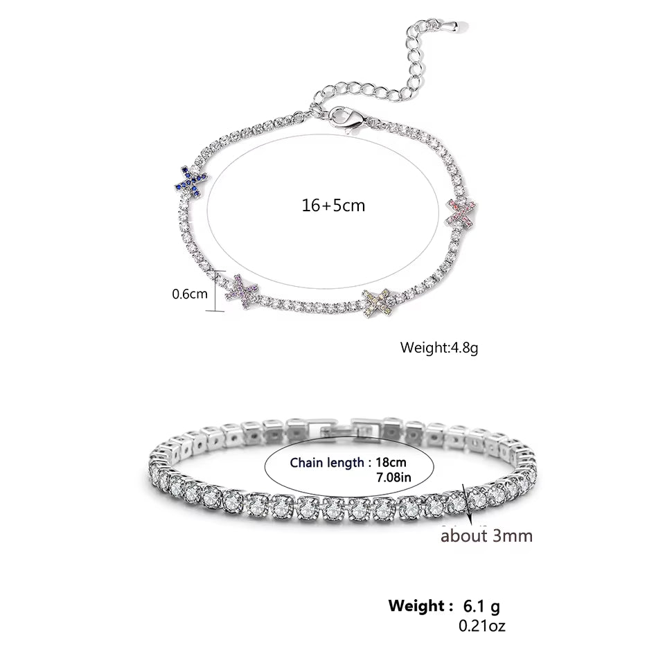 2Pcs Cross Design round Zircon CZ Tennis Bracelet for Women Simple White Gold Color Shiny Daily Stacked Bracelets