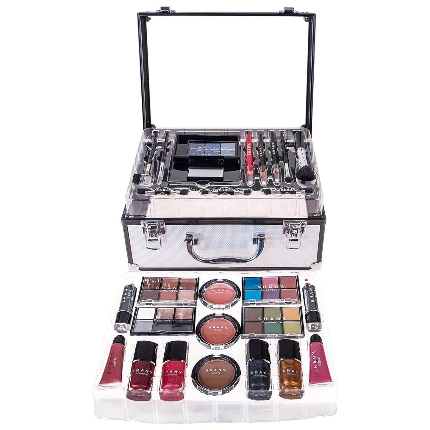 Carry All Trunk Makeup Train Case with Re-Usable Aluminum Beauty Storage Organizer Case. Make up Set with Eye Palettes, Blushes,Face Powders, Manicure, Pedicure and Cosmetics Brushes. GIFT SET