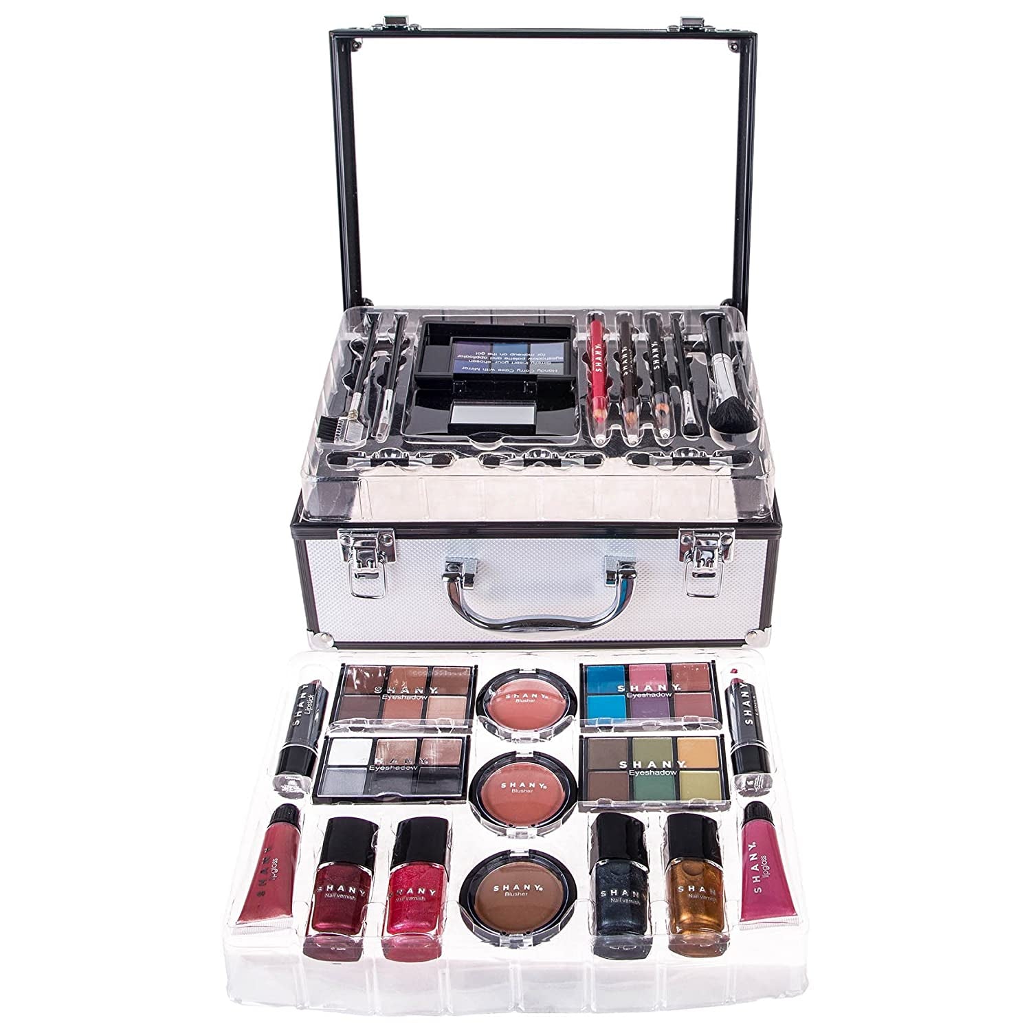 Carry All Trunk Makeup Train Case with Re-Usable Aluminum Beauty Storage Organizer Case. Make up Set with Eye Palettes, Blushes,Face Powders, Manicure, Pedicure and Cosmetics Brushes. GIFT SET
