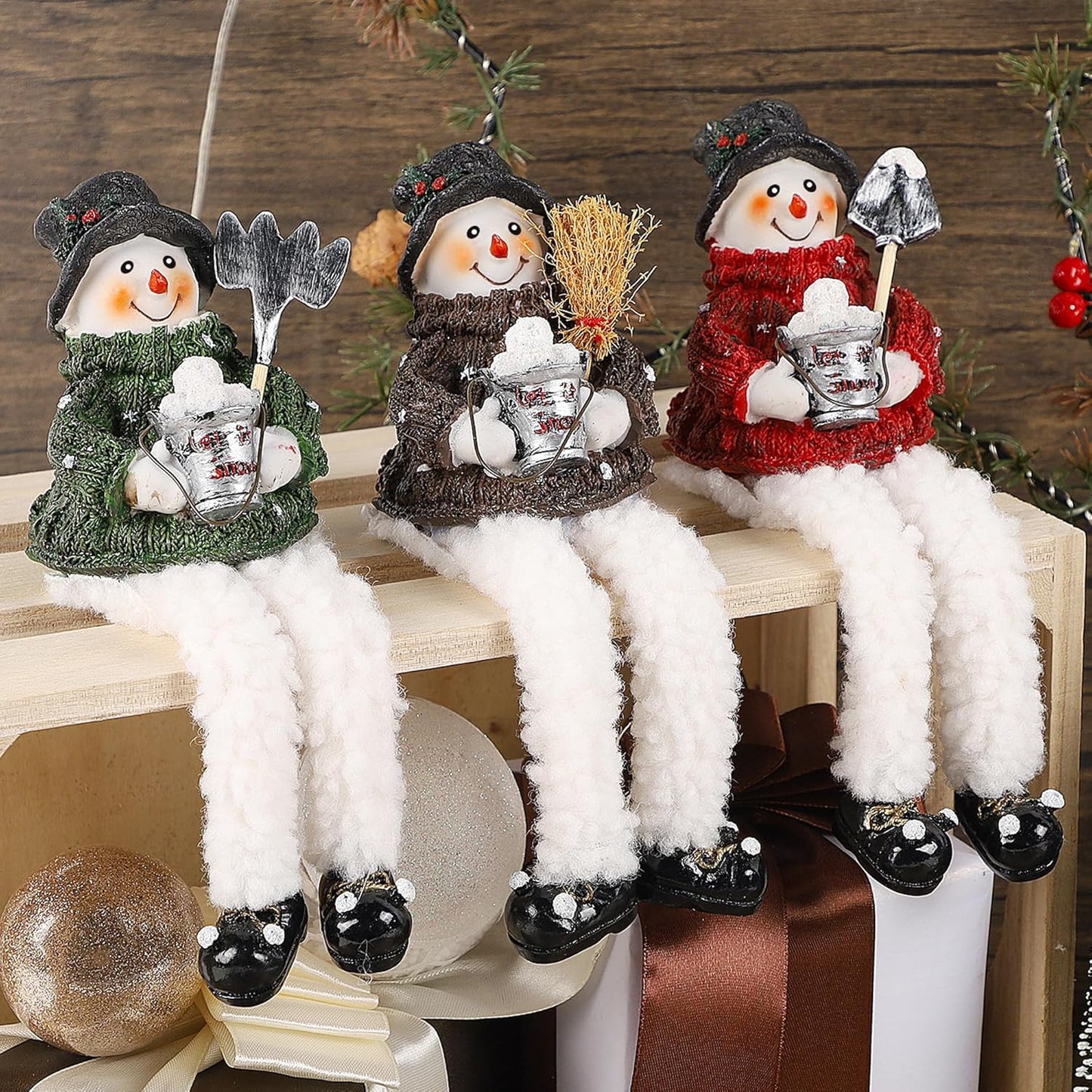 Resin Snowman Shelf Sitters with Plush Legs - 3 Pack Holiday Decor