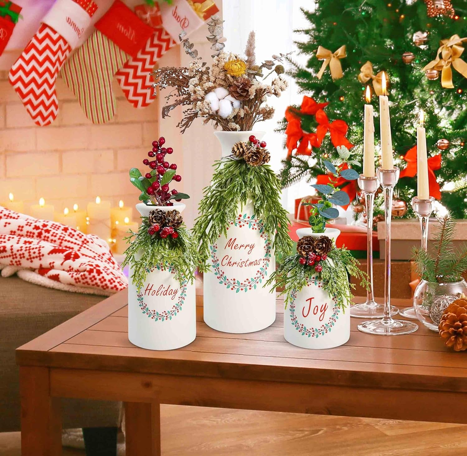 Set of 3 White Ceramic Christmas Vases with Artificial Holiday Decor