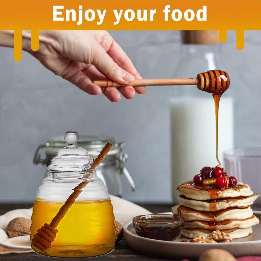 16.9 Oz Honey Pot with Dipper Glass Honey Jar and Dipper Set Honey Dispenser Beehive Honey Pot for Store Honey and Syrup Wooden