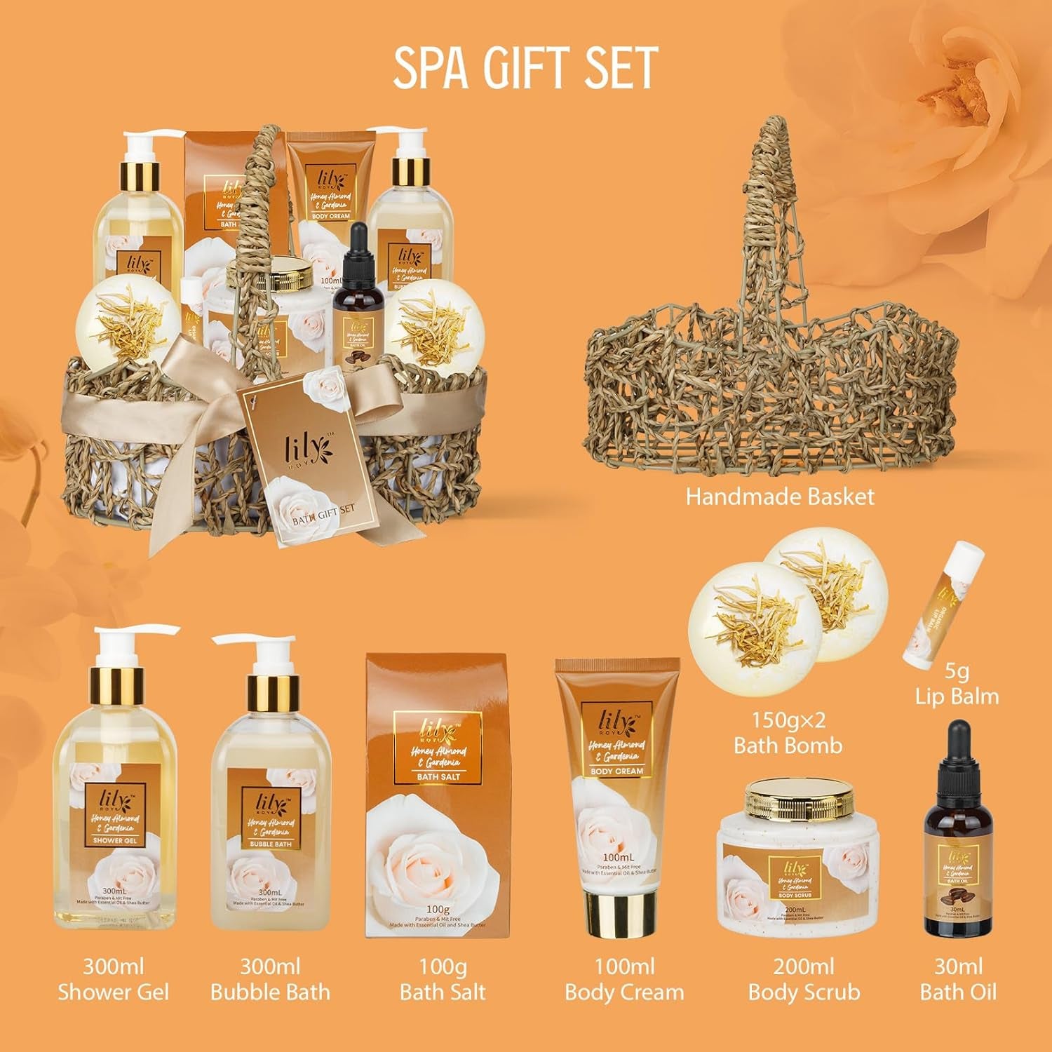 Mothers Day Gifts for Mom - Luxury 10-Piece Honey Almond Bath & Body Gift Set for Women, Spa Gift Basket, Pampering Bath Set with Bath Bomb | Christmas Birthday, Perfect Holiday Gift for All Occasion