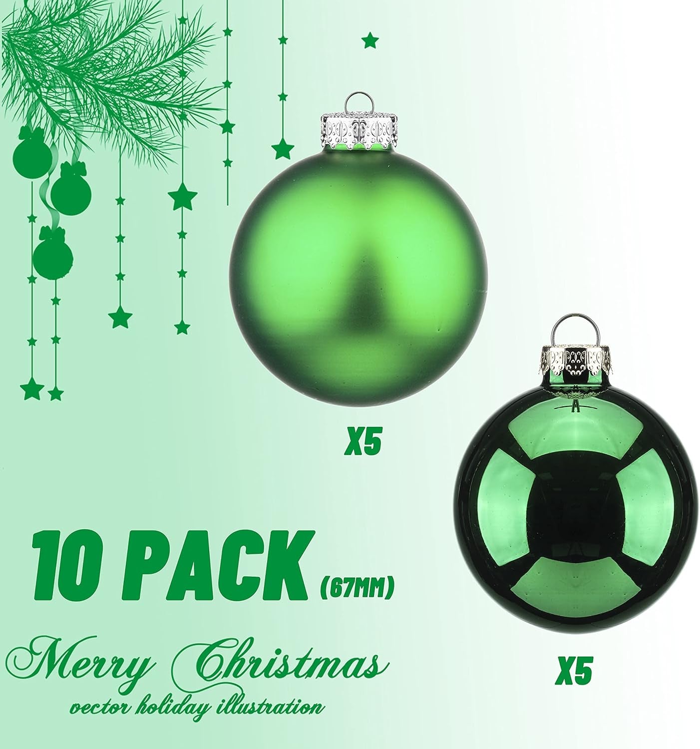 Set of 10 Green 2.64" Glass Christmas Ornaments for Holiday Decor