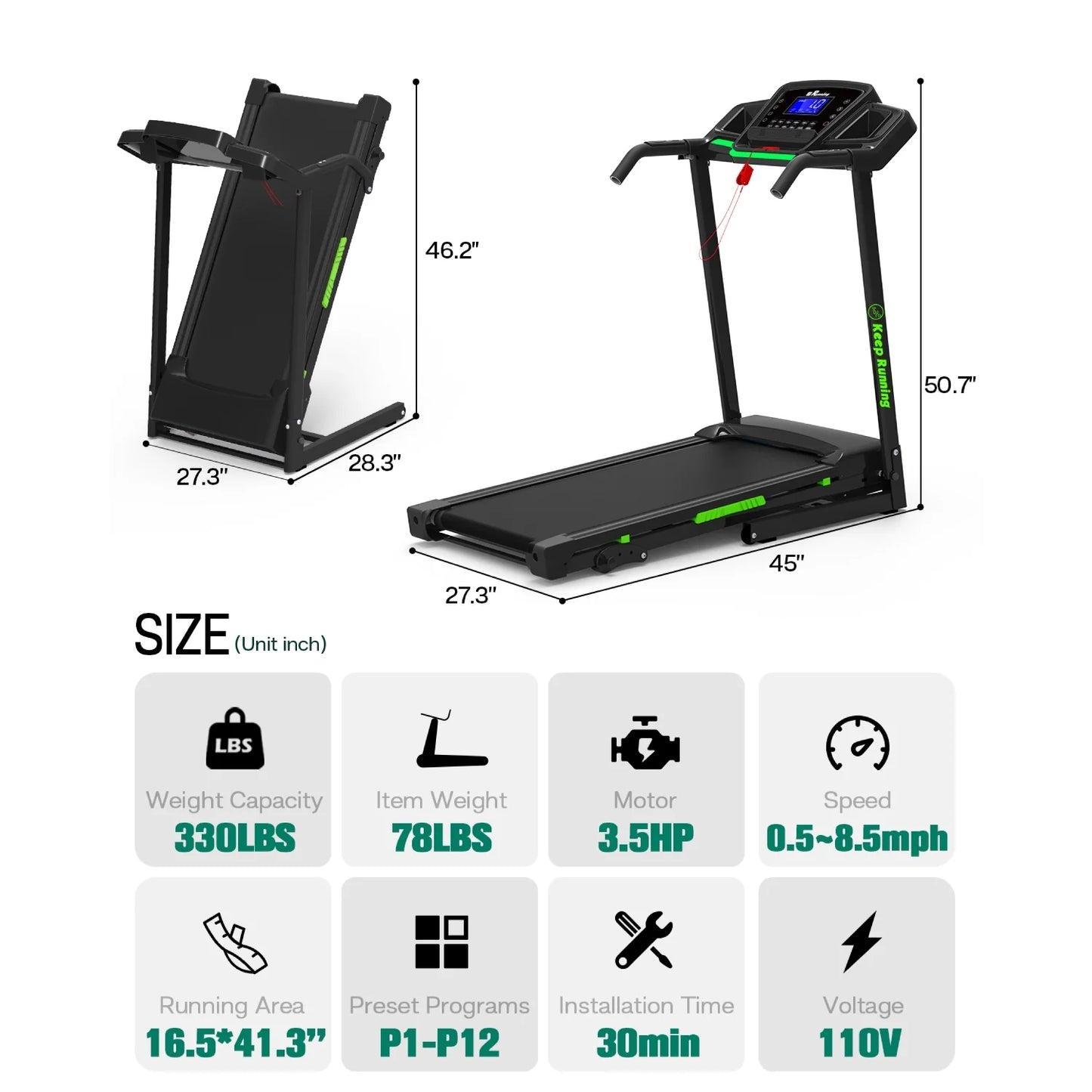 Folding Treadmill with Incline, 3.5HP Home Gym Fitness Workout Jogging Walking 330 LBS Capacity