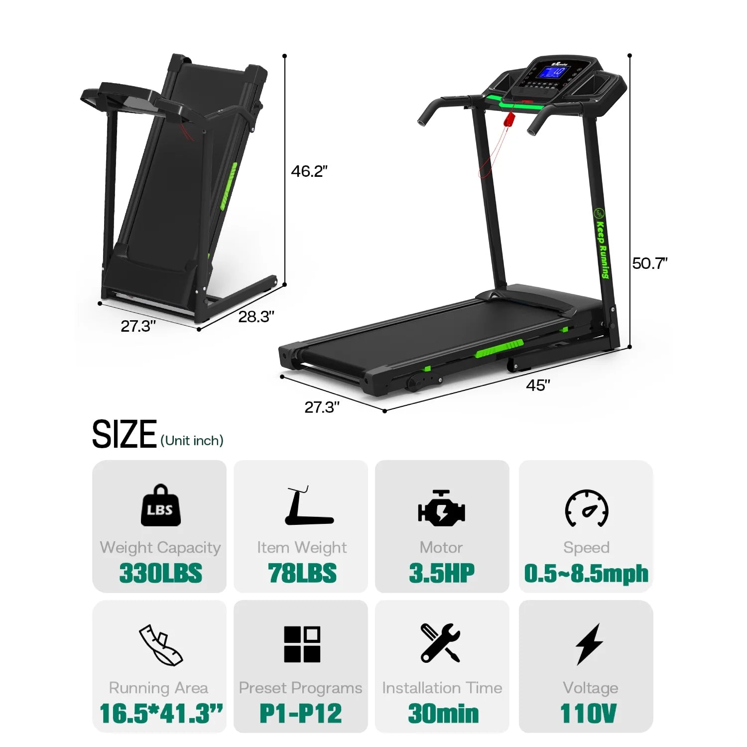 Folding Treadmill with Incline, 3.5HP Home Gym Fitness Workout Jogging Walking 330 LBS Capacity