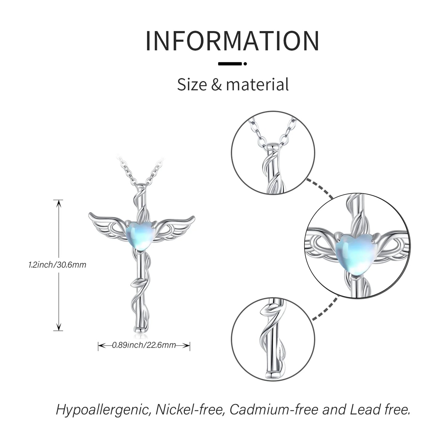 Angel Wing Cross Necklace 925 Sterling Silver Moonstone Cross Crucifix Pendant Necklace Guardian Angel Wings Necklace Cross Jewelry Gifts for Women