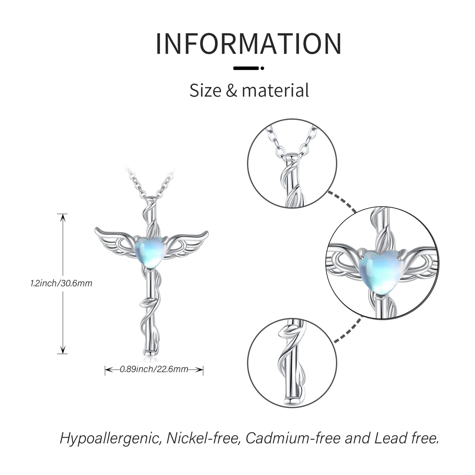 Angel Wing Cross Necklace 925 Sterling Silver Moonstone Cross Crucifix Pendant Necklace Guardian Angel Wings Necklace Cross Jewelry Gifts for Women