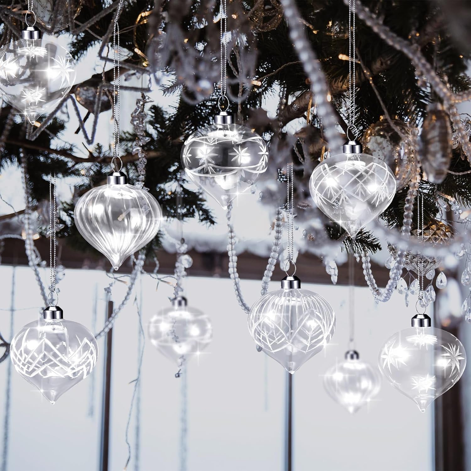 12 Hand Blown Clear Glass Christmas Ball Ornaments for Holiday Decor