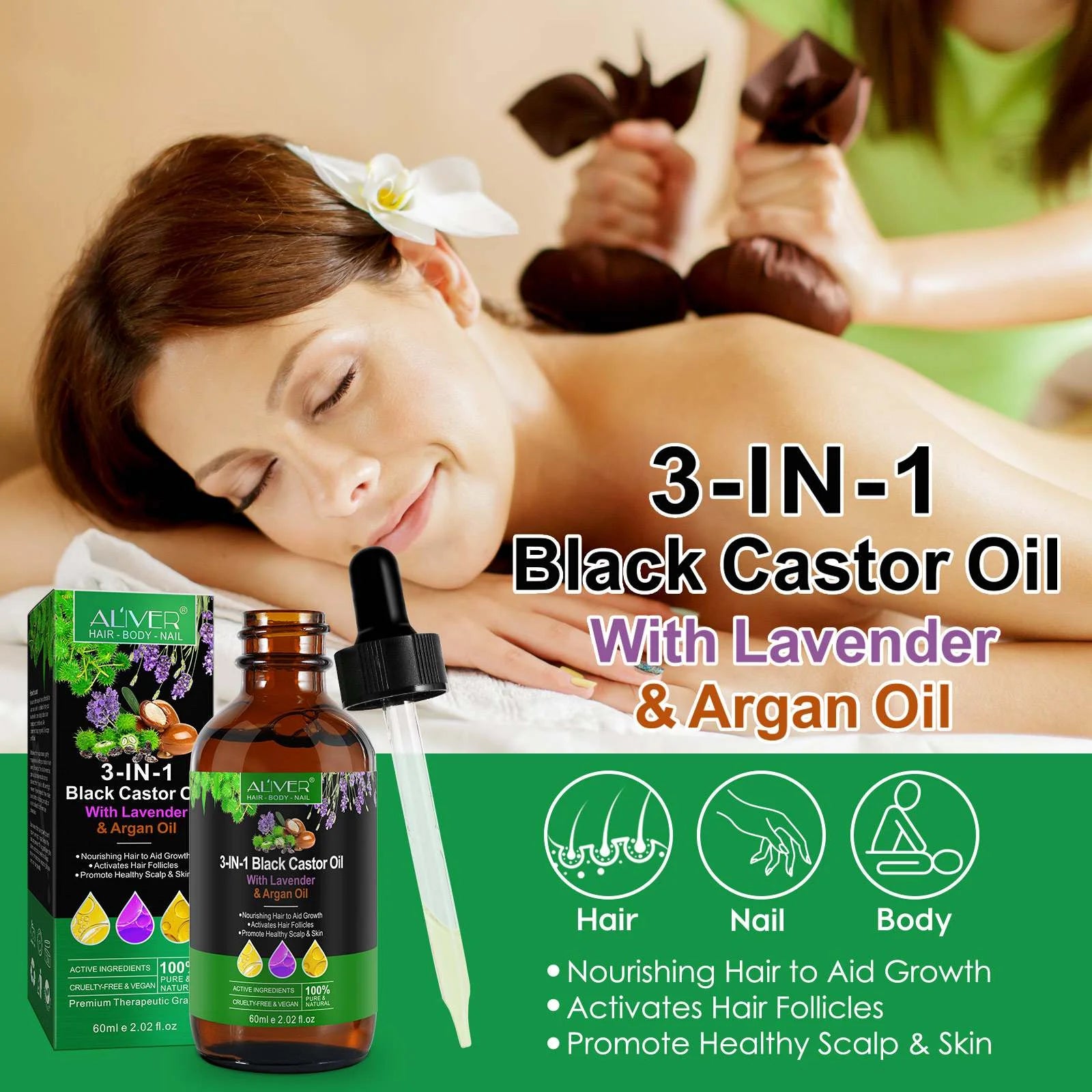 3-IN-1 Black Castor Oil with Lavender & Argan Oil, 100% Pure & Natural, Hair Care & Skin Care, Organic Cold-Pressed, Cruelty-Free & Vegan, 2.02 Fl Oz