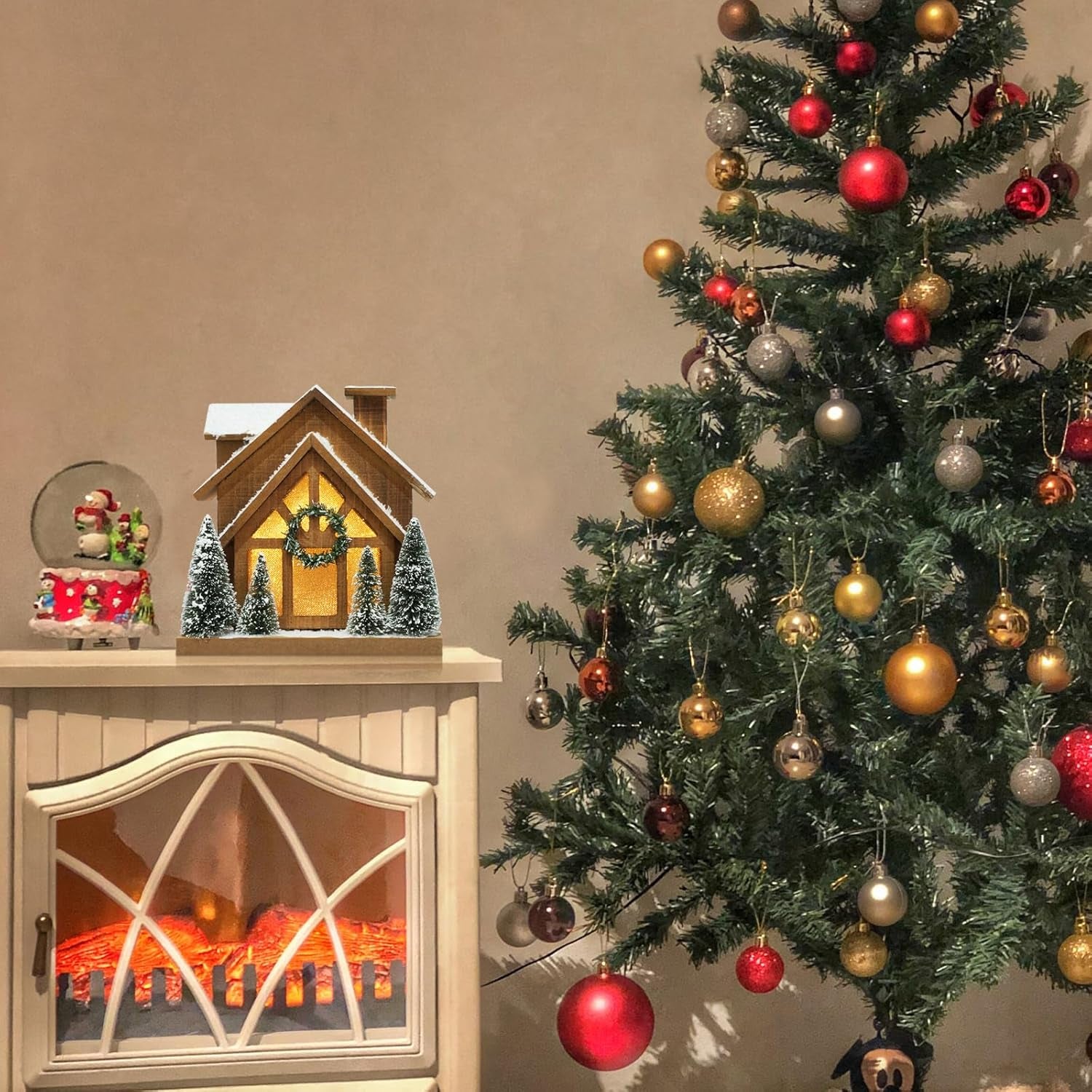 LED Wooden Snow Scene Christmas Village with Timer Rustic Holiday Decor