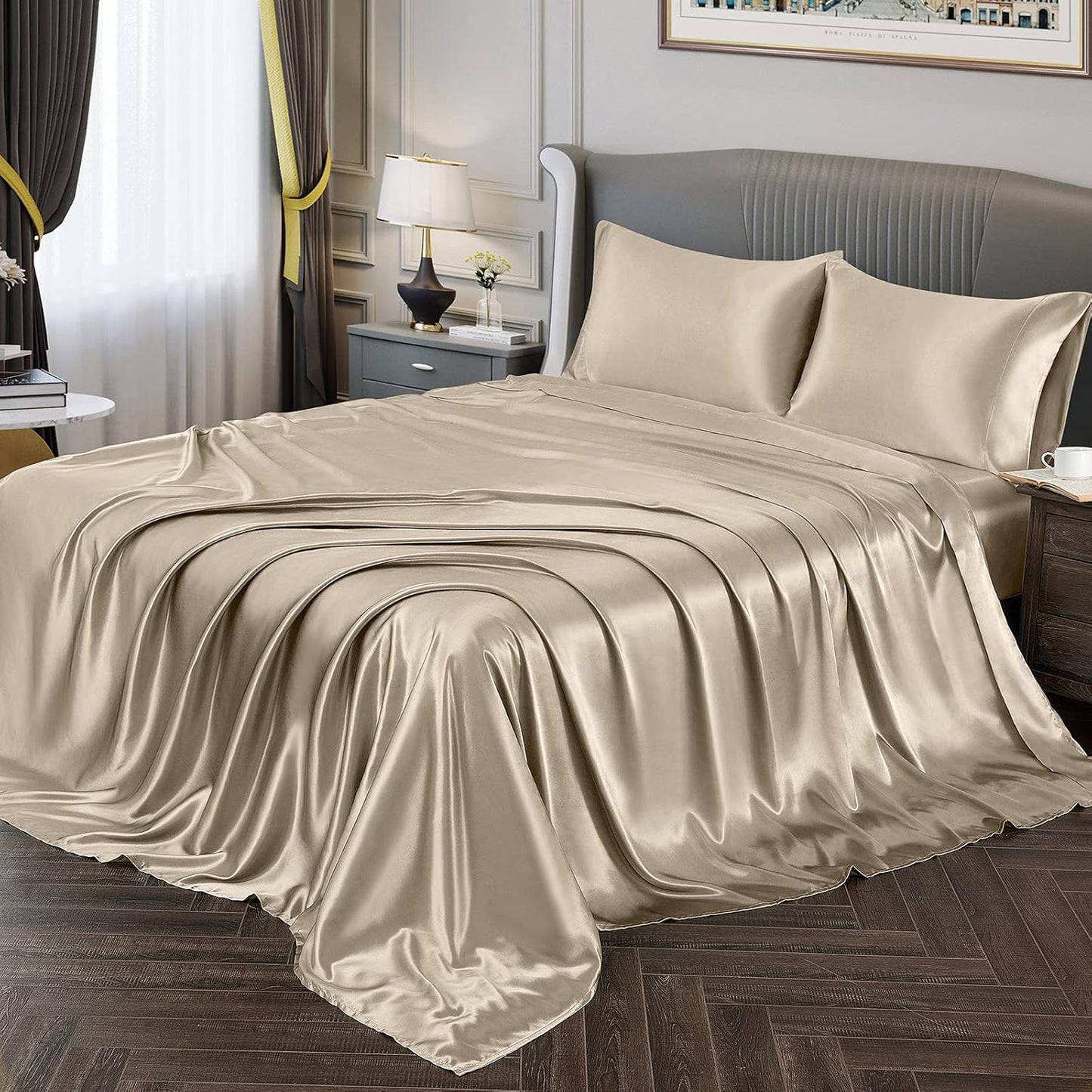 Satin Sheets Queen Size Silky Soft Satin Bed Sheets Taupe Sheet Set, 1 Deep Pocket Fitted Sheet + 1 Flat Sheet + 2 Pillowcases