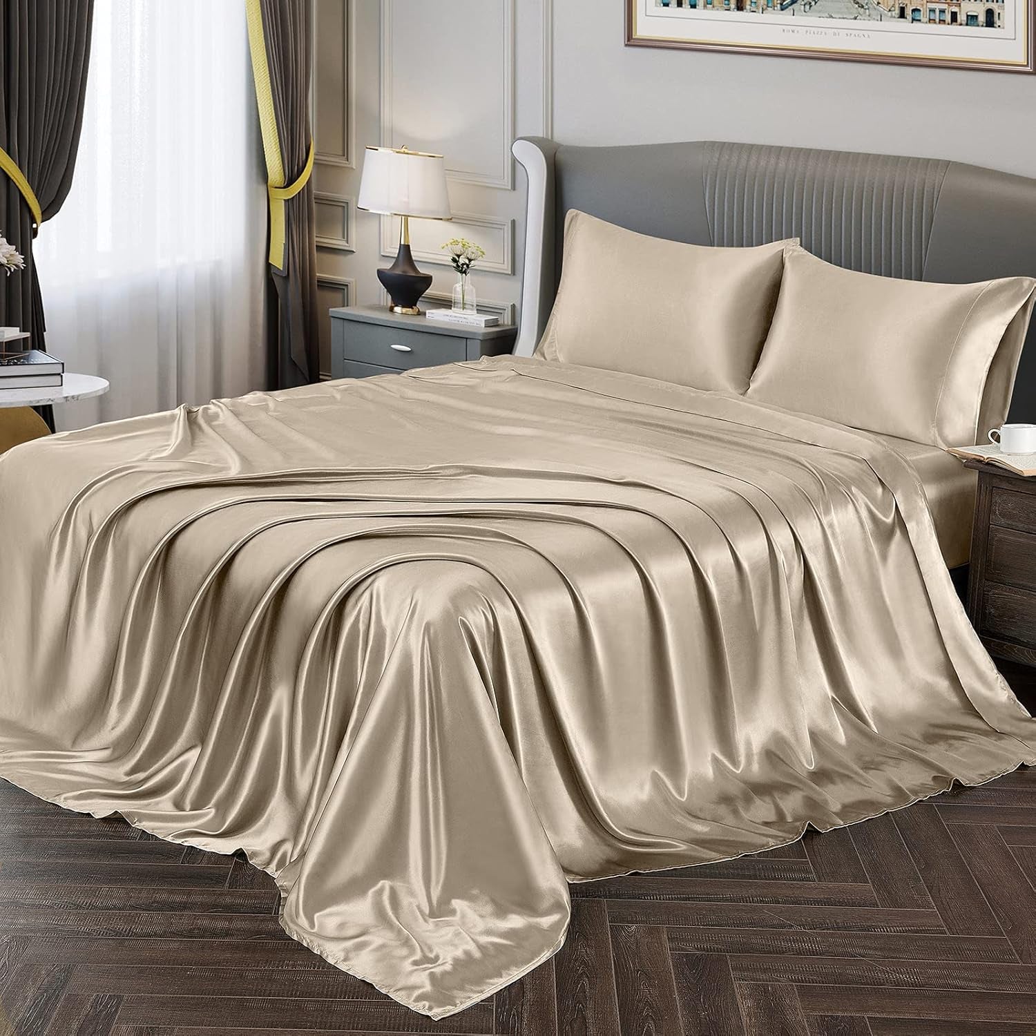Satin Sheets Queen Size Silky Soft Satin Bed Sheets Taupe Sheet Set, 1 Deep Pocket Fitted Sheet + 1 Flat Sheet + 2 Pillowcases