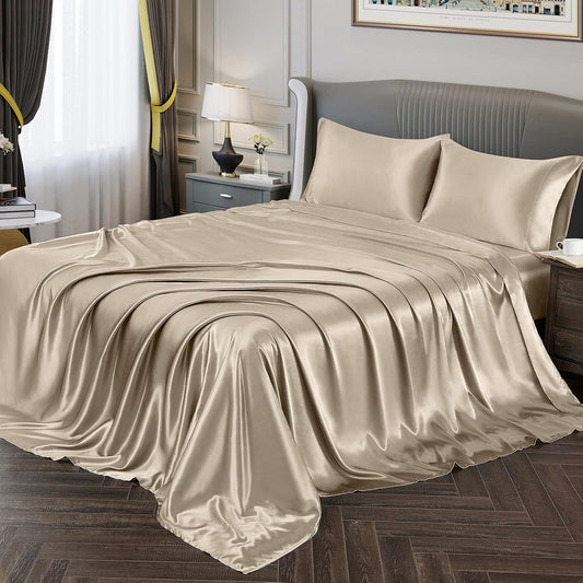 Satin Sheets Queen Size Silky Soft Satin Bed Sheets Taupe Sheet Set, 1 Deep Pocket Fitted Sheet + 1 Flat Sheet + 2 Pillowcases