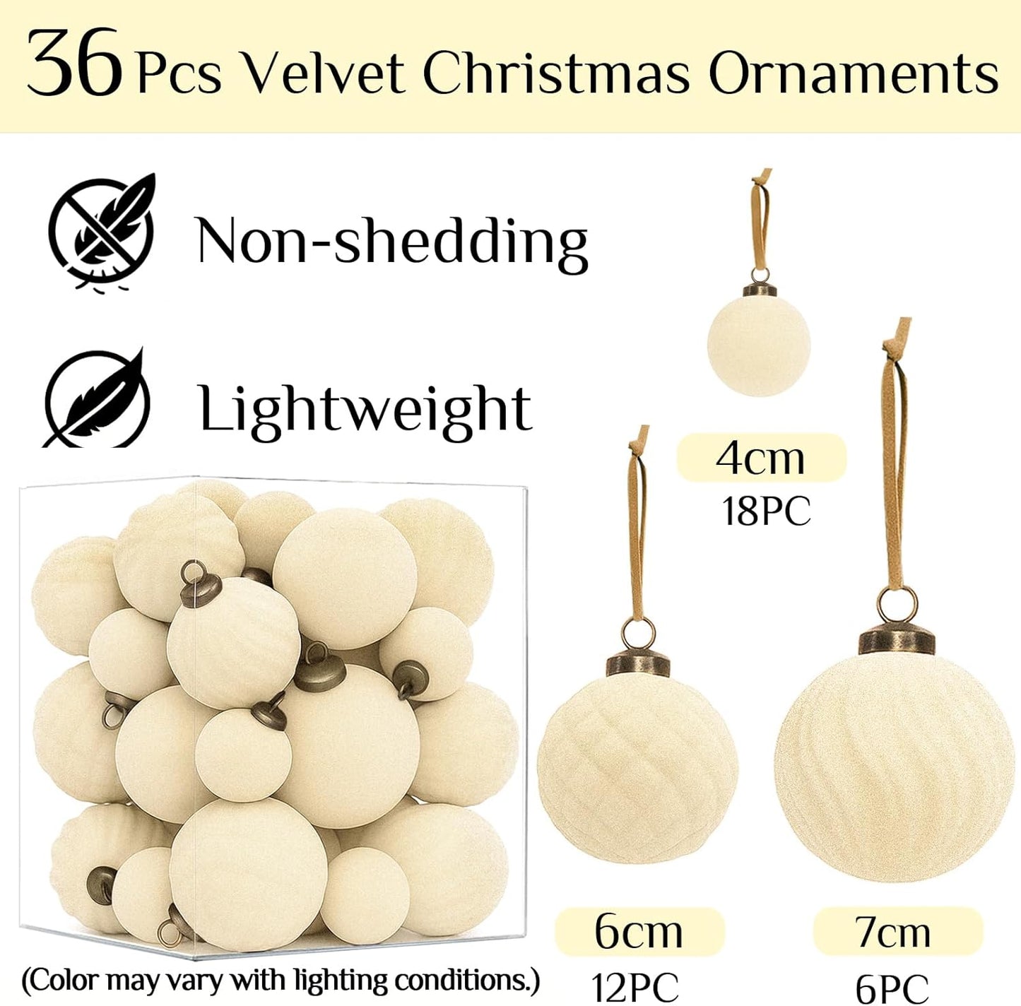 36PCS Shatterproof Velvet Christmas Ornaments Set in Beige for Holiday Decor