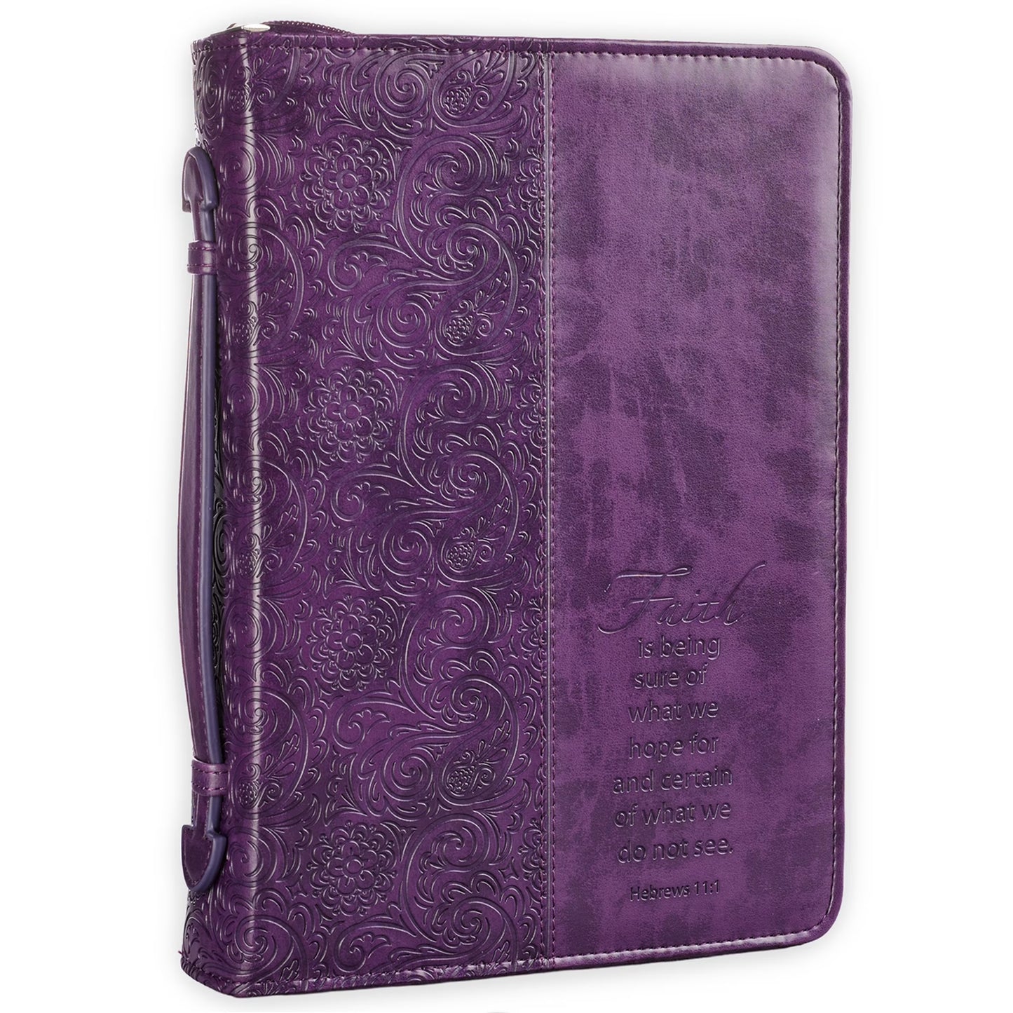 Purple Faux Leather Bible Cover for Women Faith Purple Paisley- Hebrews 11:1 Zippered Case for Bible or Book W/Handle, Large