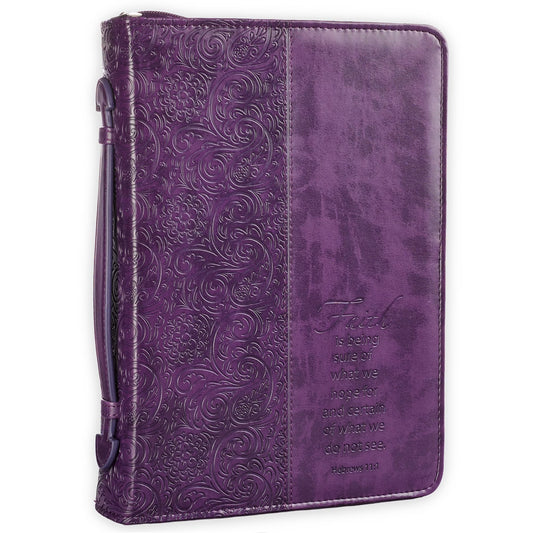 Purple Faux Leather Bible Cover for Women Faith Purple Paisley- Hebrews 11:1 Zippered Case for Bible or Book W/Handle, Large