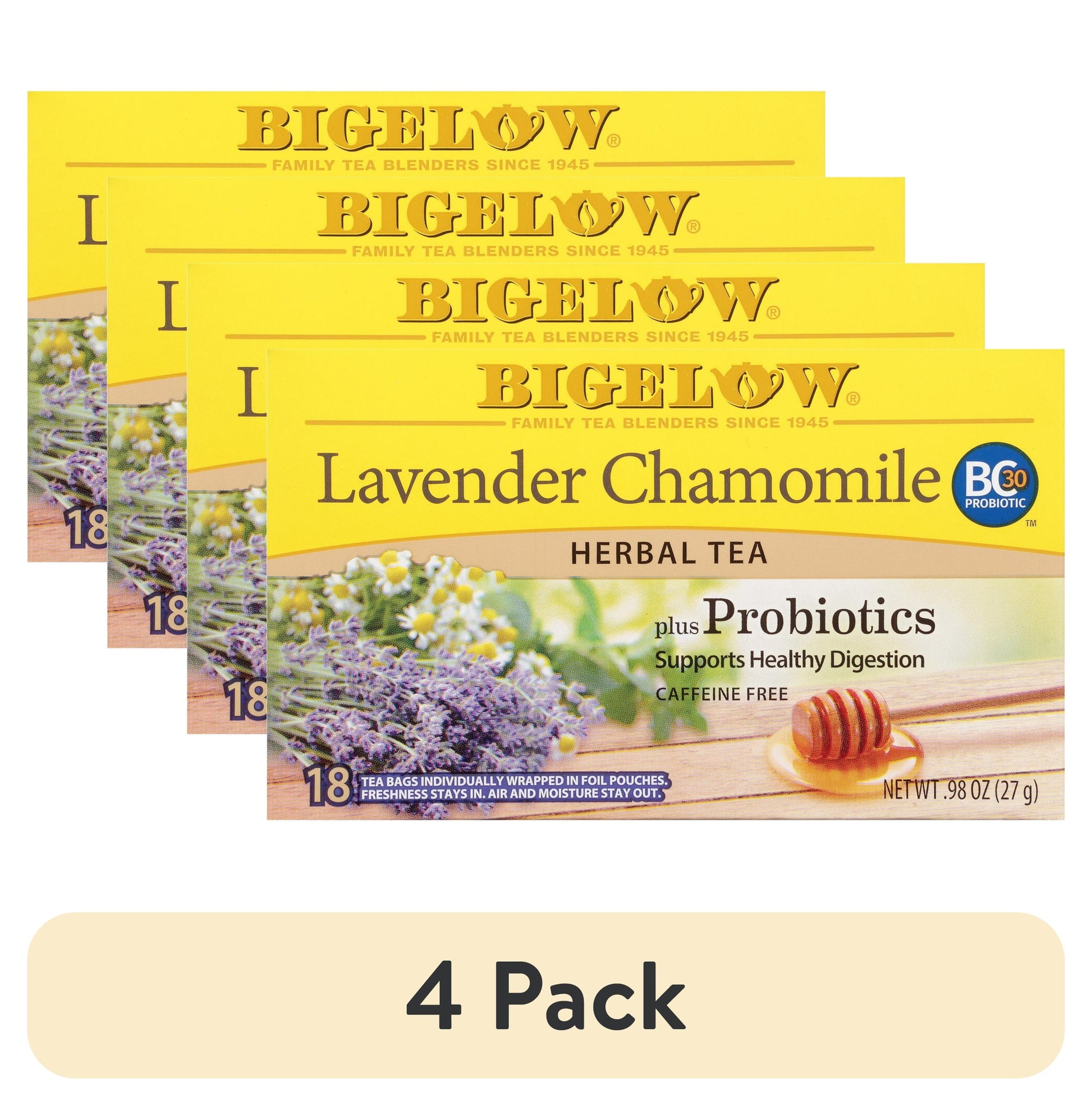(4 Pack)  Lavender Chamomile plus Probiotics, Caffeine Free, Herbal Tea Bags, 18 Count