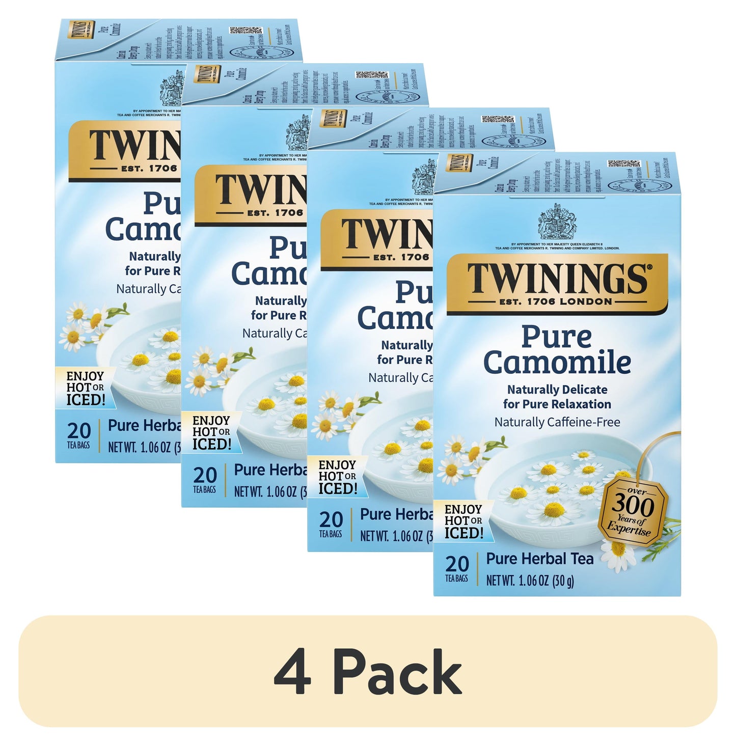 (4 Pack)  Pure Camomile Herbal Tea Bags, Caffeine Free, 20 Count Box