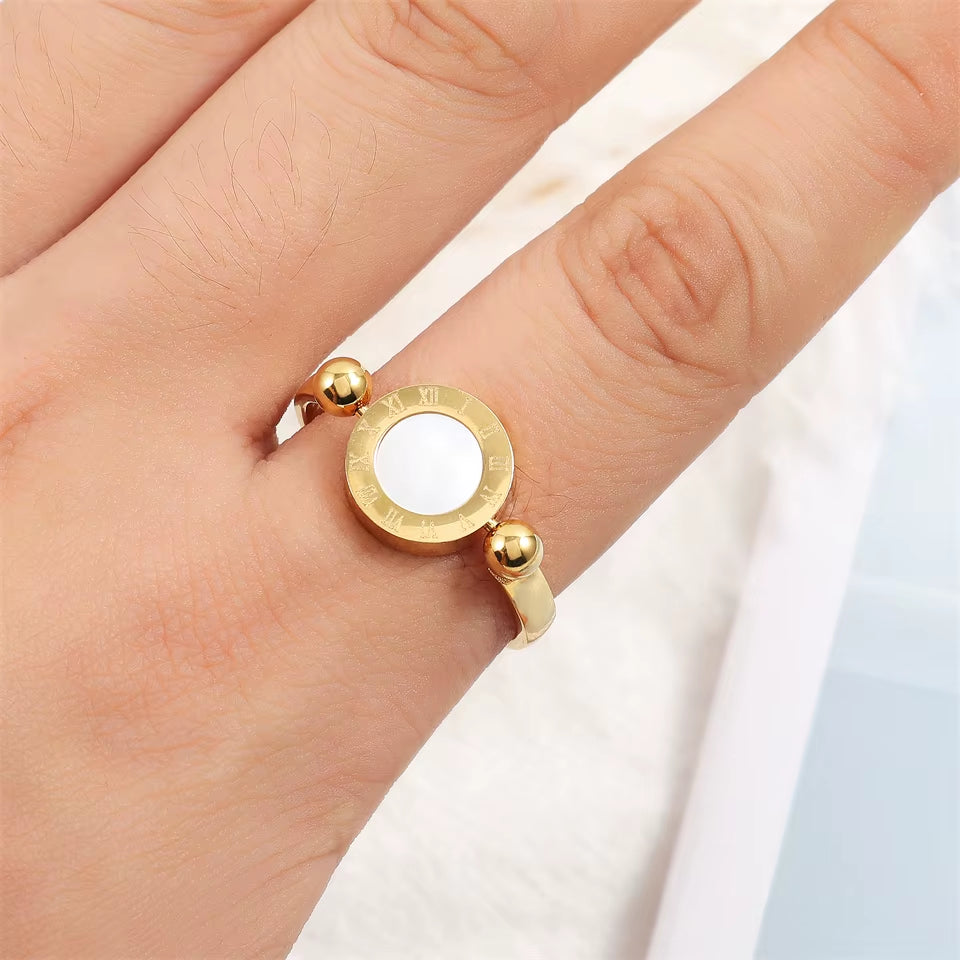 Rotated Fashion Titanium Stainless Steel Roman Numeral Ring for Women Men Black and White Color Shell Finger Jewelry