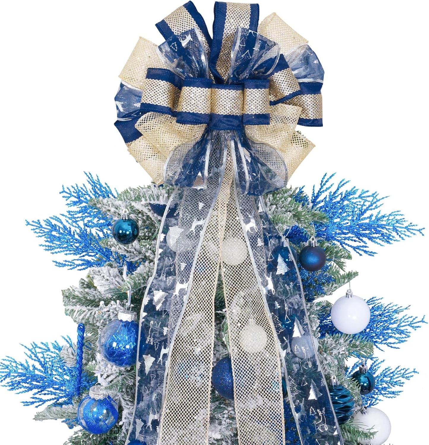 Christmas Tree Topper Bow,Christmas Ornament with Glitter Satin Mesh Streamer,For Your Christmas Decor(Circle Tree Topper, Blue)
