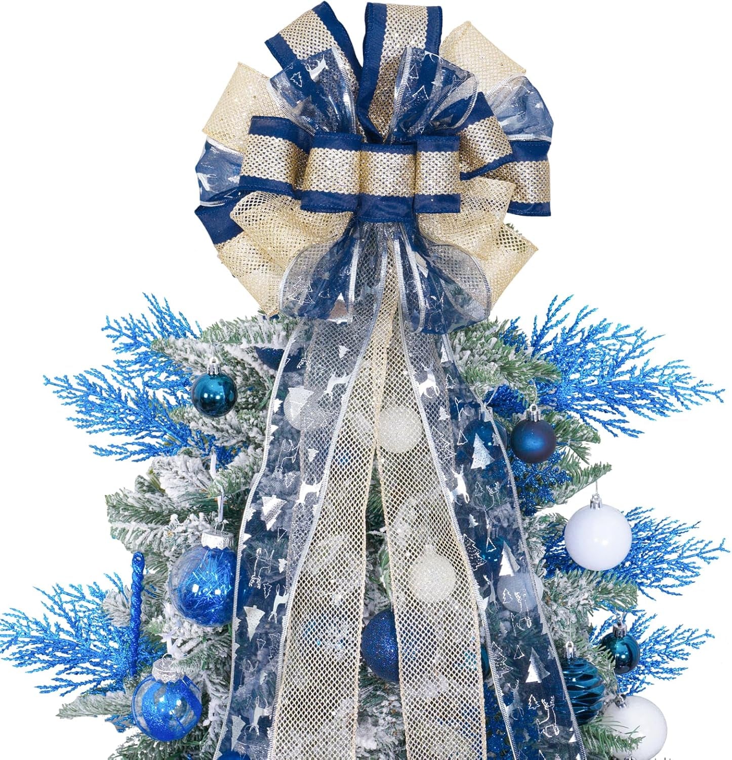 Christmas Tree Topper Bow,Christmas Ornament with Glitter Satin Mesh Streamer,For Your Christmas Decor(Circle Tree Topper, Blue)