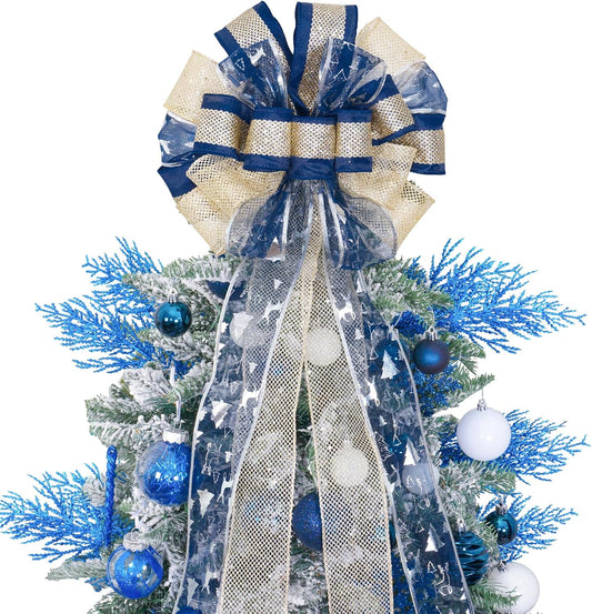 Christmas Tree Topper Bow,Christmas Ornament with Glitter Satin Mesh Streamer,For Your Christmas Decor(Circle Tree Topper, Blue)