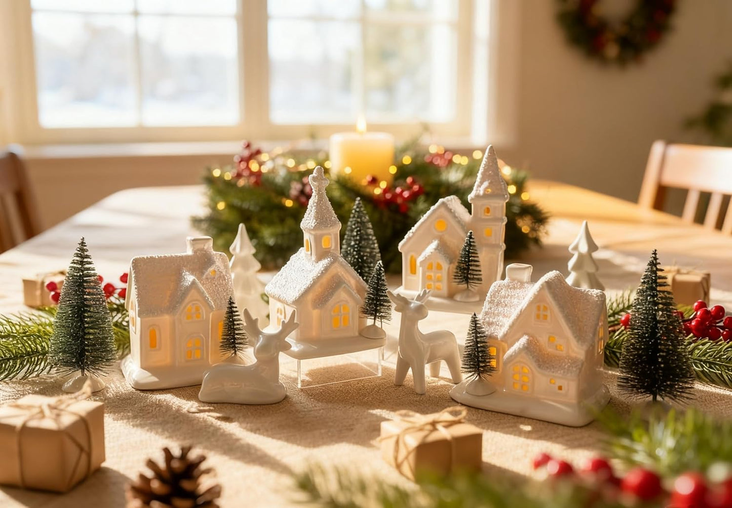 Ceramic Christmas Village Set - 13-Piece Holiday Decor with Trees & Deer